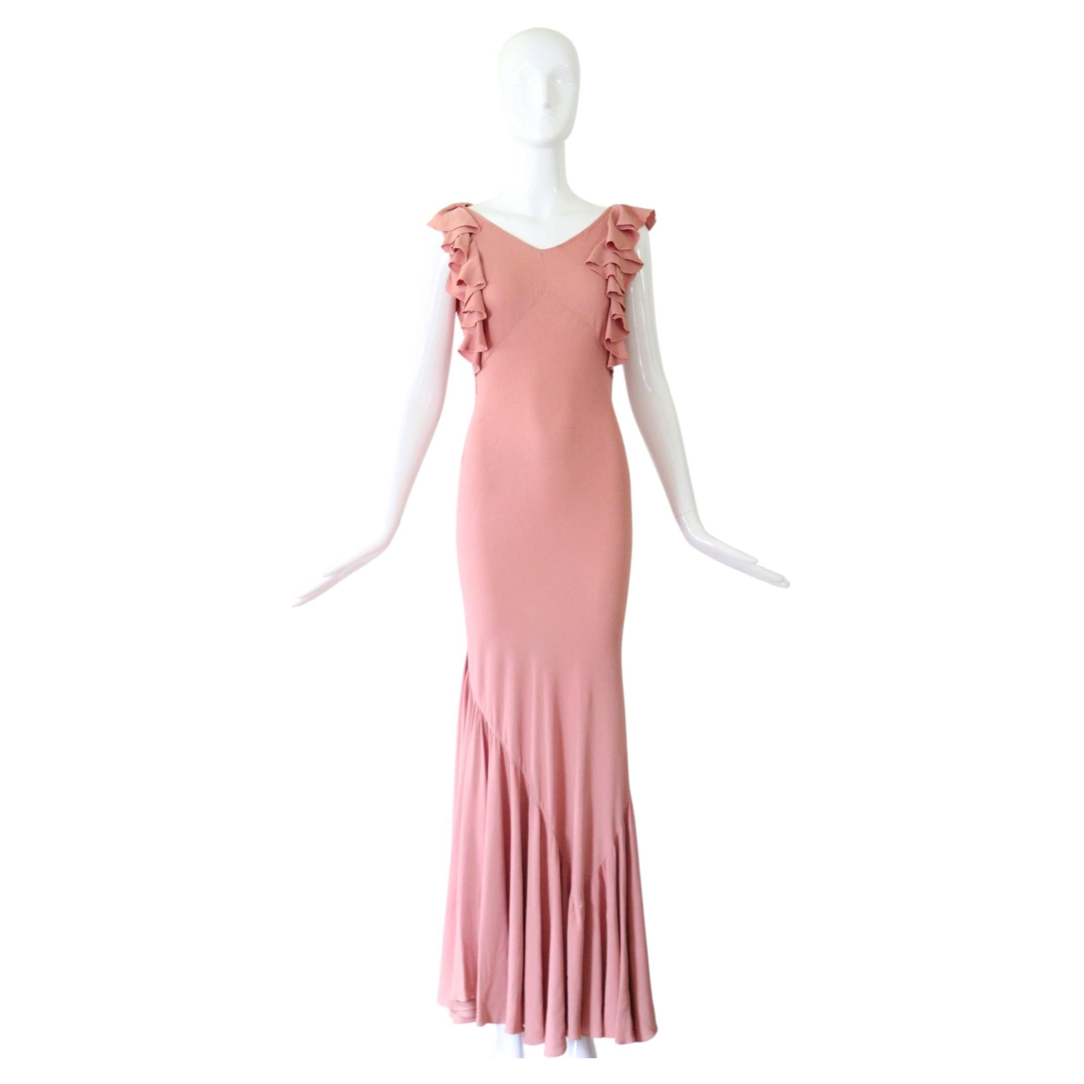 Robe vintage des années 1930 en crêpe de soie rose poudré, coupe « bia », taille US 4 / UK 8