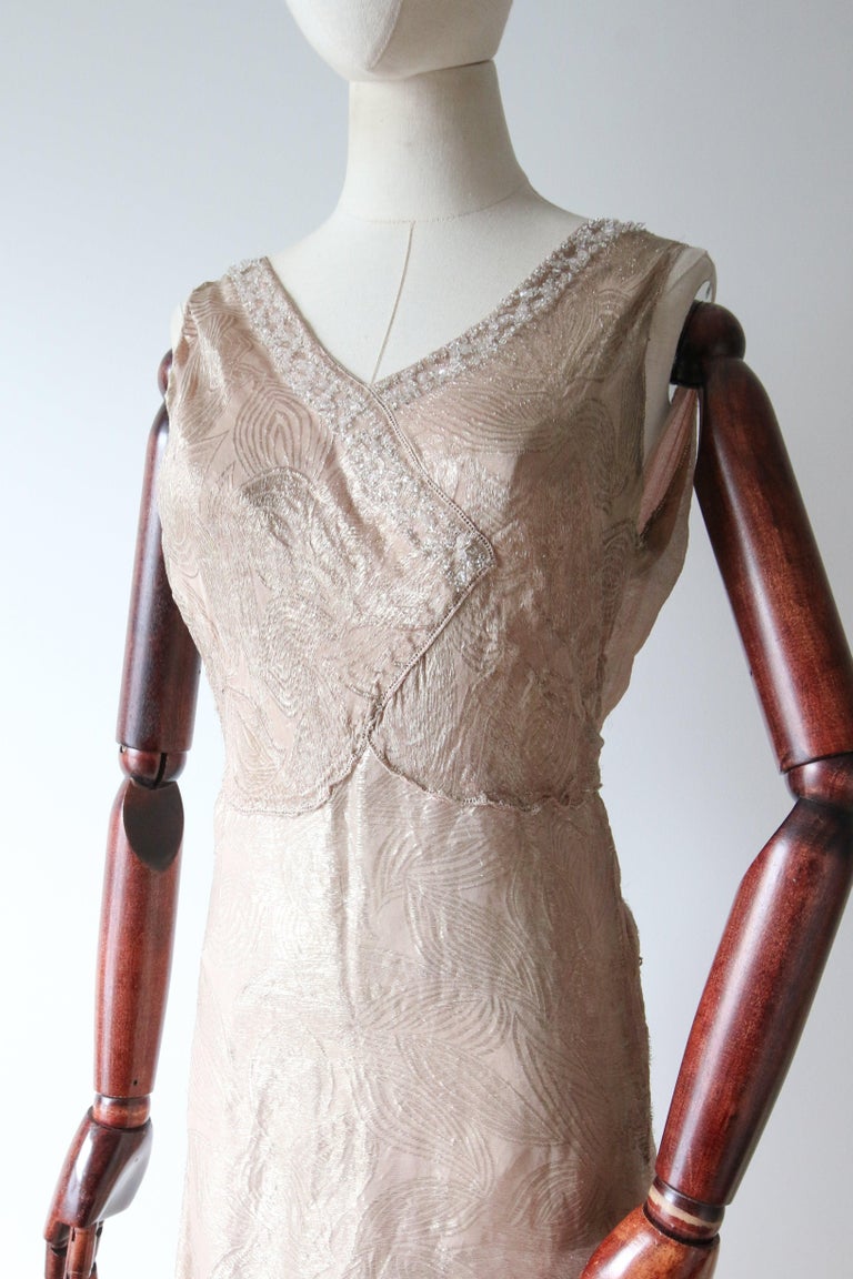 Vintage 1930's Blush Silk and Gold Lam Beaded Evening Gown 1930 dress UK 8  US 4 For Sale at 1stDibs
