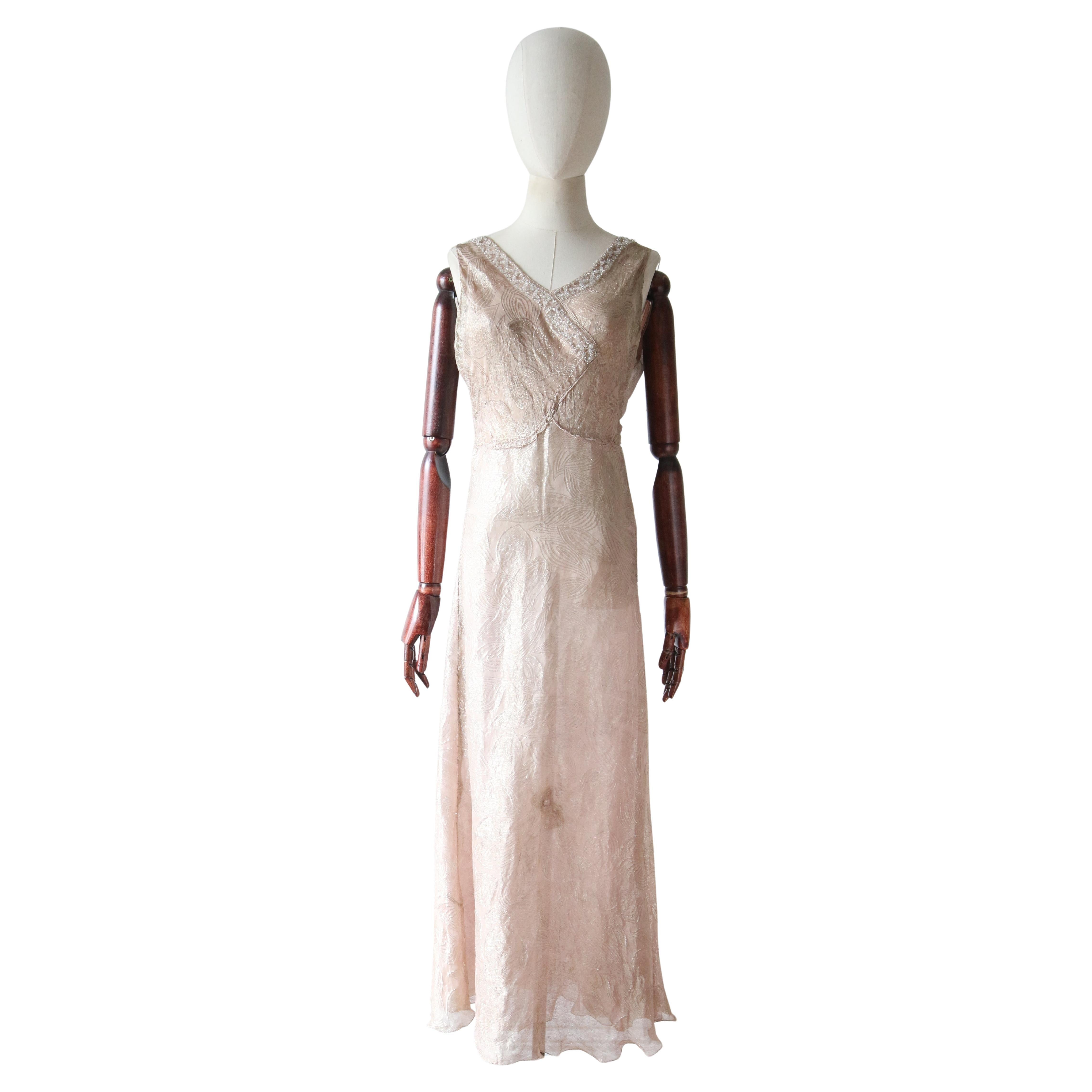 Vintage 1930's Blush Silk and Gold Lamé Beaded Evening Gown 1930 dress UK 8 US 4