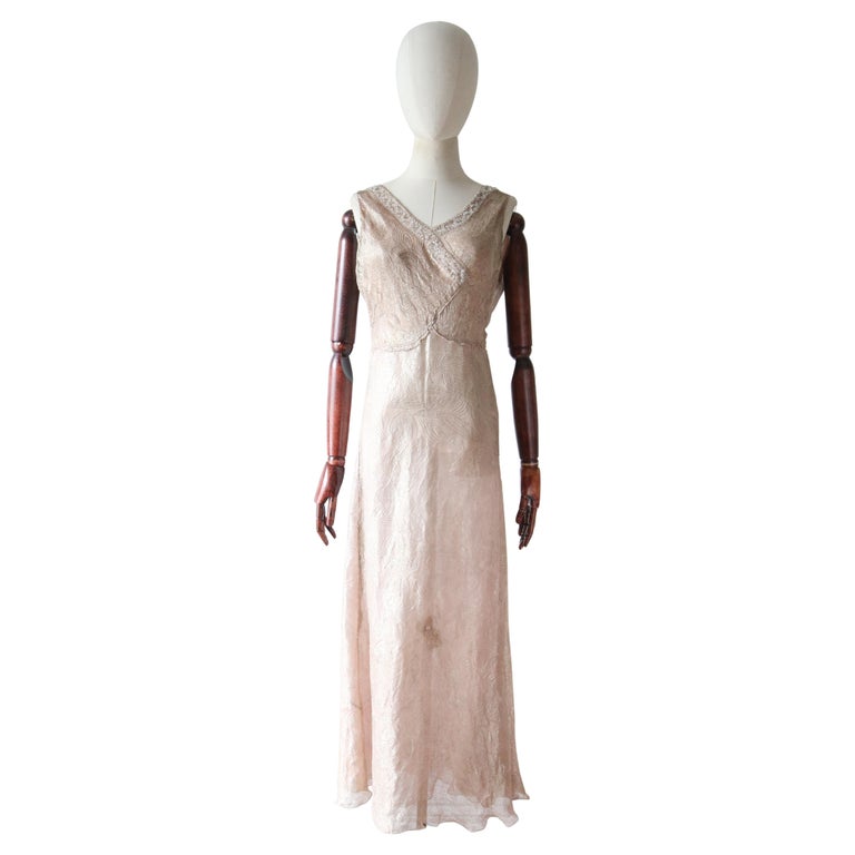 Vintage 1930's Blush Silk and Gold Lamé Beaded Evening Gown 1930
