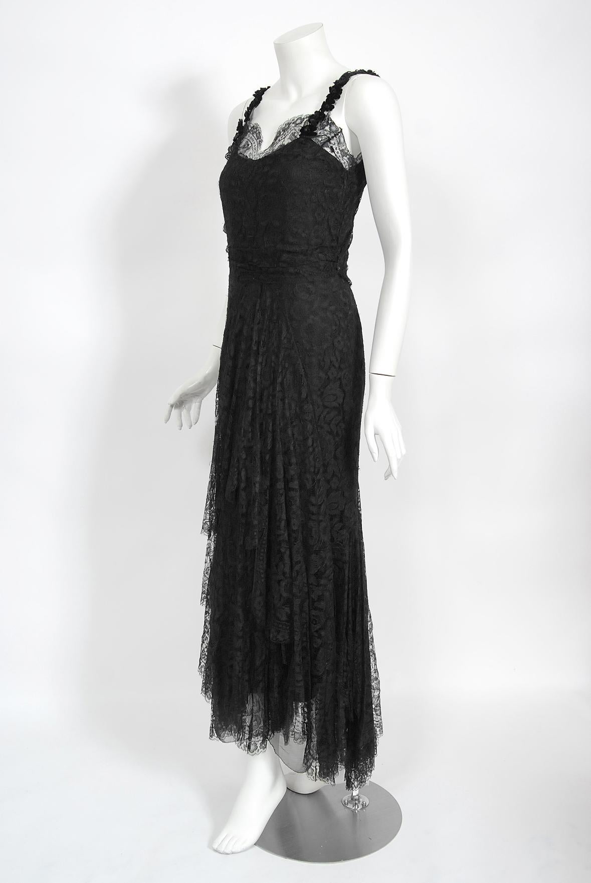 Vintage 1930's Bonwit Teller Couture Black Scalloped Lace Appliqué Bias-Cut Gown For Sale 5
