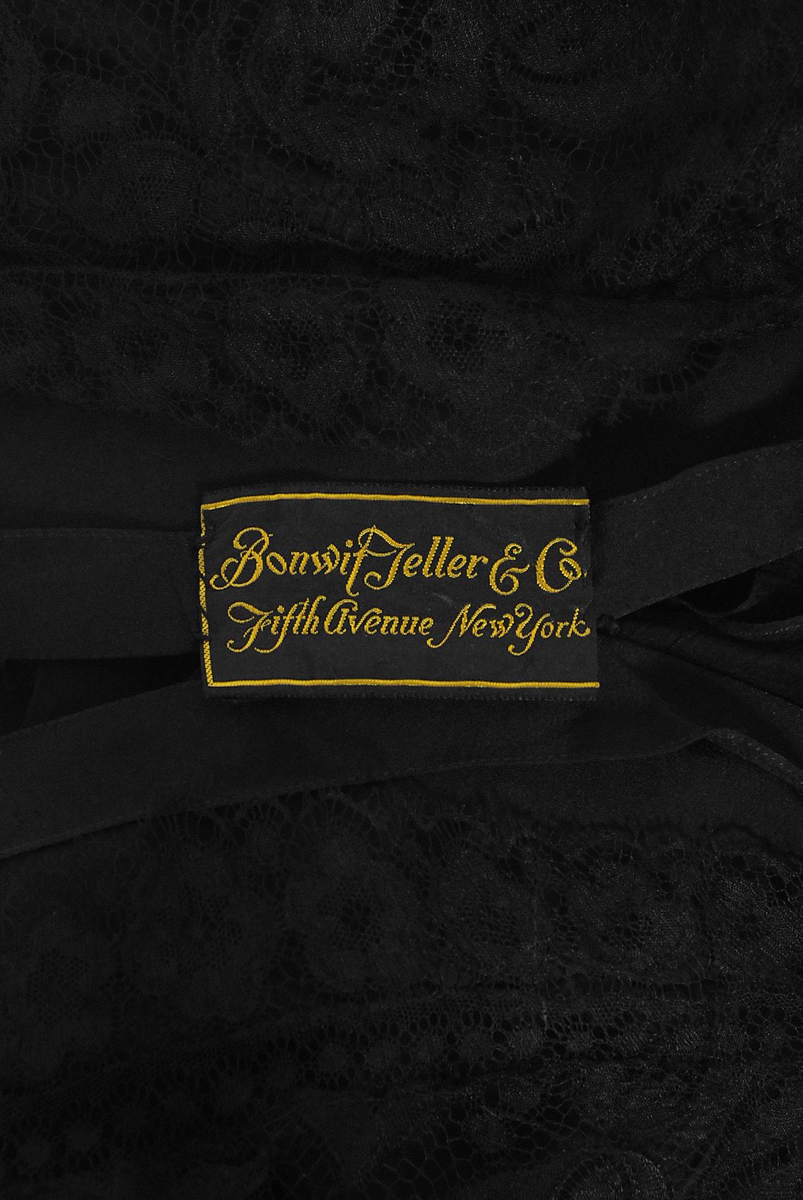 Vintage 1930's Bonwit Teller Couture Black Scalloped Lace Appliqué Bias-Cut Gown For Sale 9