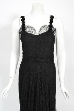 1930's Bonwit Teller Couture Black Scalloped Sheer Lace Appliqué Bias-Cut Gown
