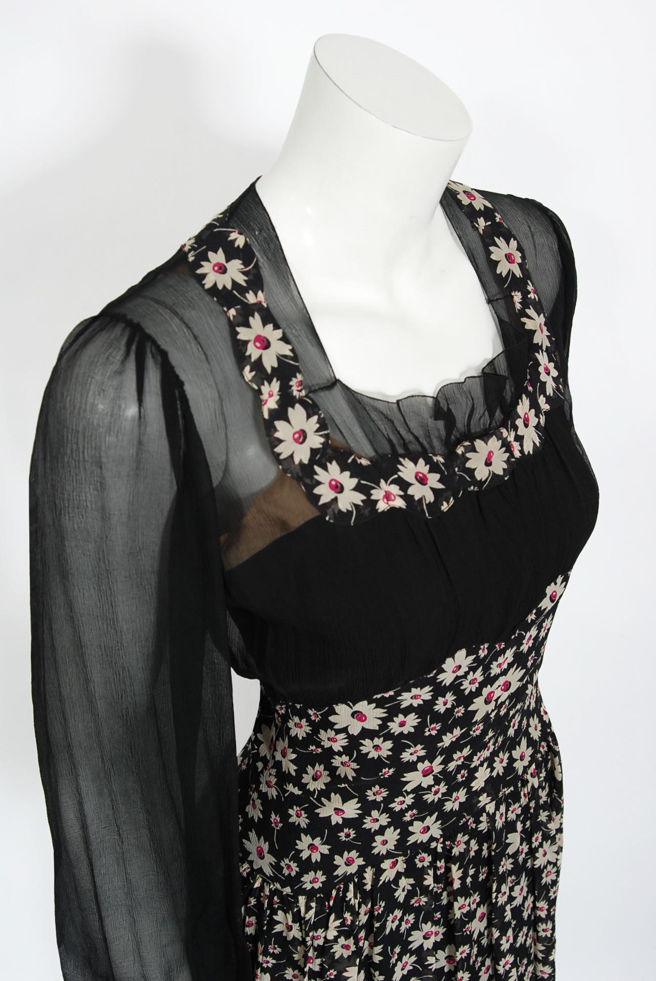 Vintage 1930's Bradley of London Couture Black Floral Chiffon Billow-Sleeve Gown In Good Condition In Beverly Hills, CA