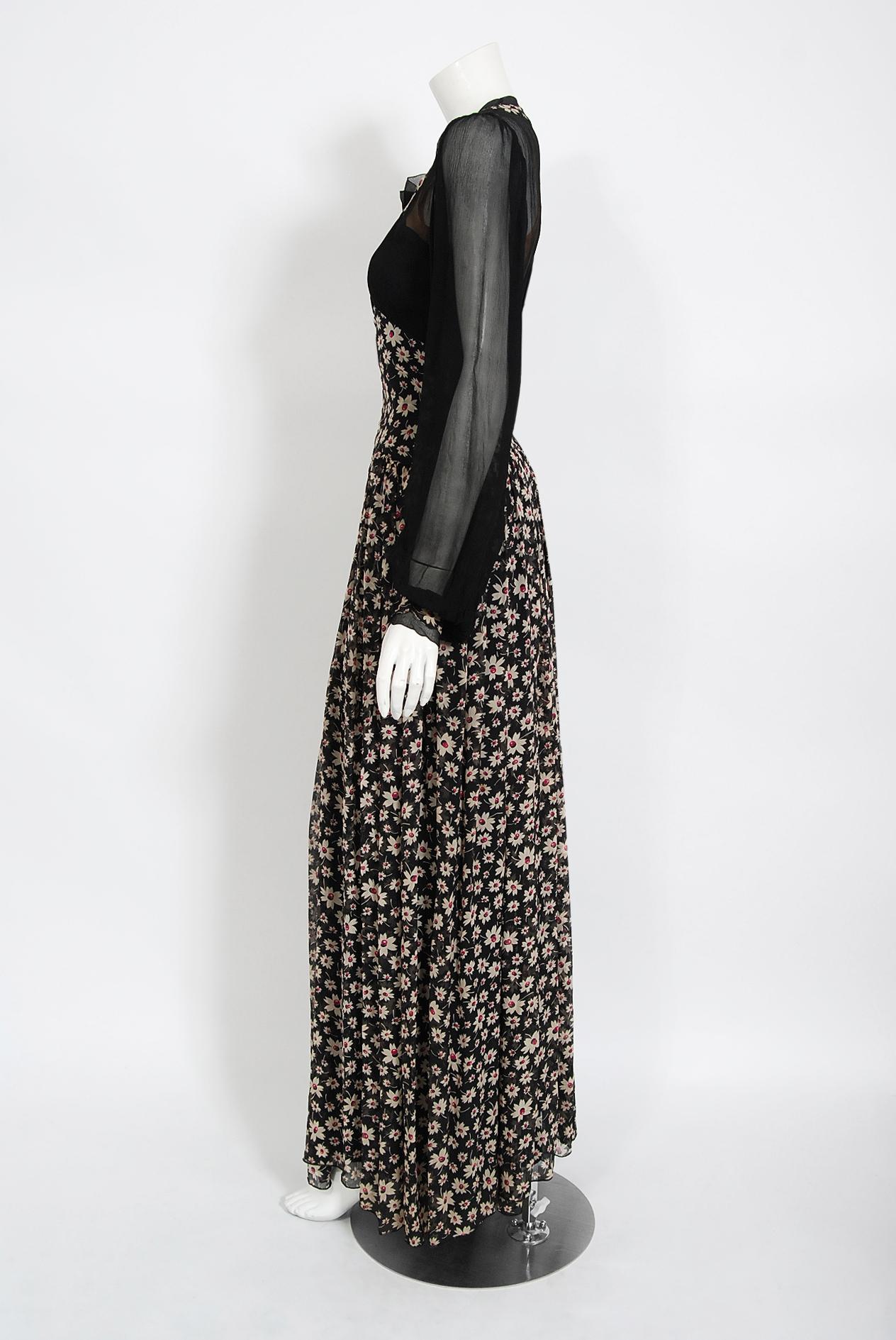 Women's Vintage 1930's Bradley of London Couture Black Floral Chiffon Billow-Sleeve Gown