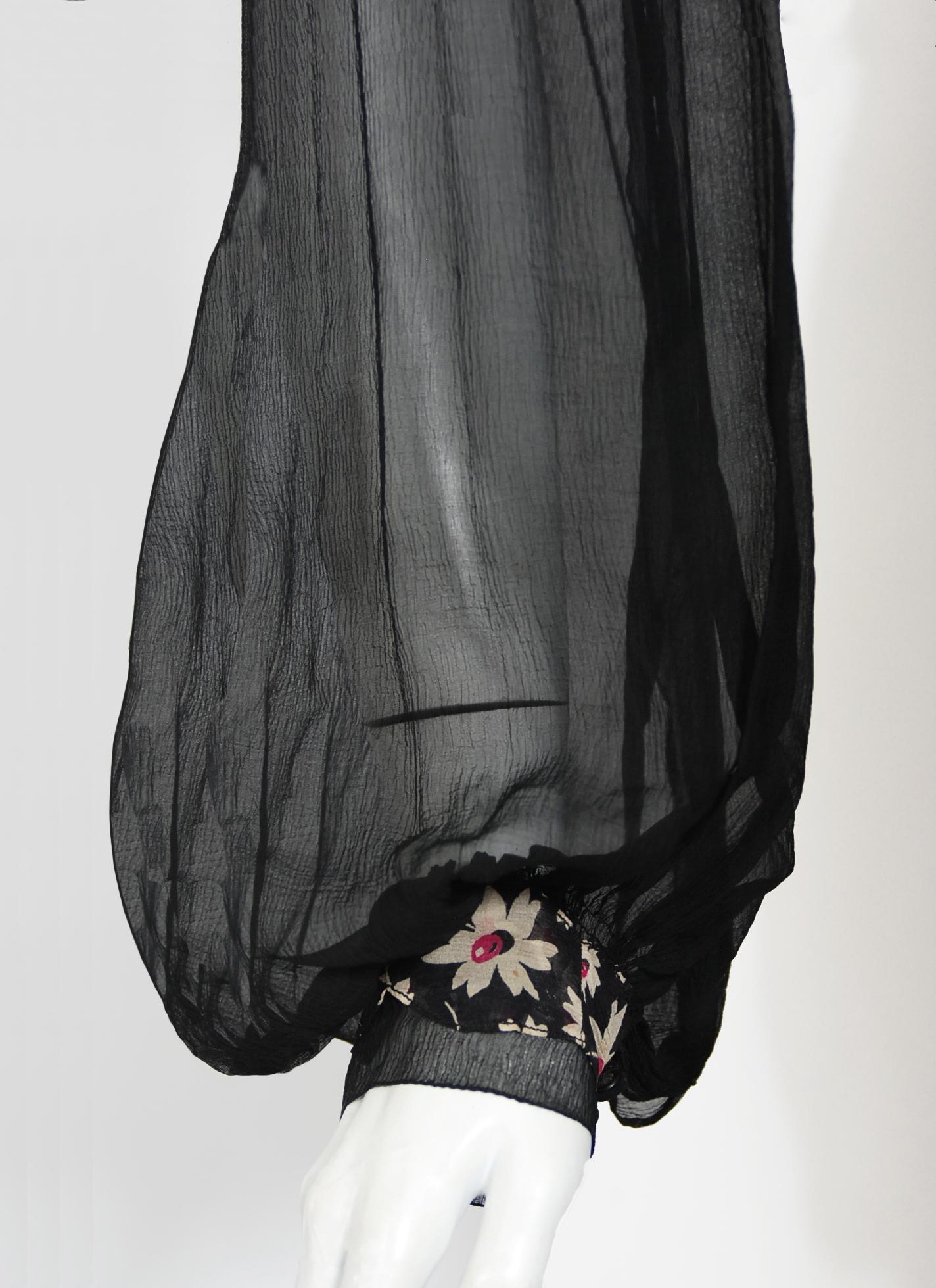 Vintage 1930's Bradley of London Couture Black Floral Chiffon Billow-Sleeve Gown 1