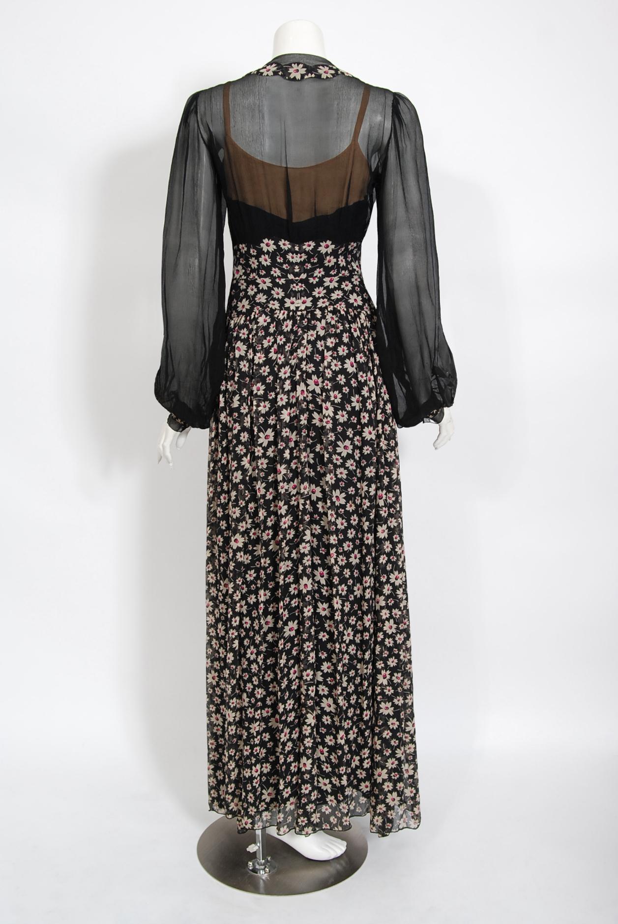 Vintage 1930's Bradley of London Couture Black Floral Chiffon Billow-Sleeve Gown 3