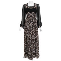 Vintage 1930's Bradley of London Couture Black Floral Chiffon Billow-Sleeve Gown