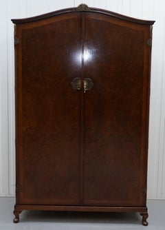 Vintage 1930s Burr Walnut Large Double Bank Wardrobe One of Two Part of Suite
