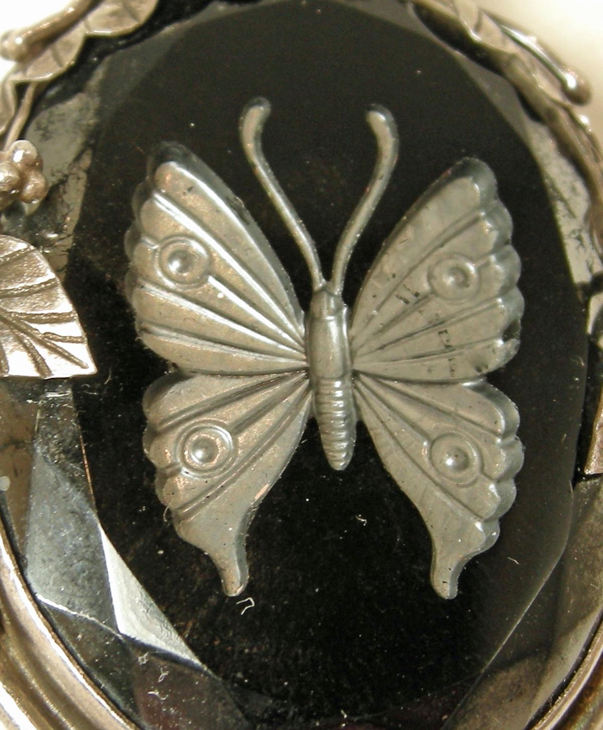 Women's or Men's Vintage 1930’s Butterfly Intaglio Black Glass & Sterling Pendant For Sale