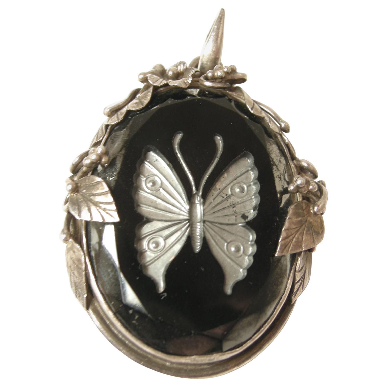 Vintage 1930’s Butterfly Intaglio Black Glass & Sterling Pendant For Sale
