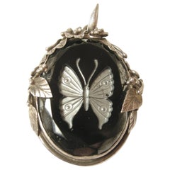 Vintage 1930’s Butterfly Intaglio Black Glass & Sterling Pendant