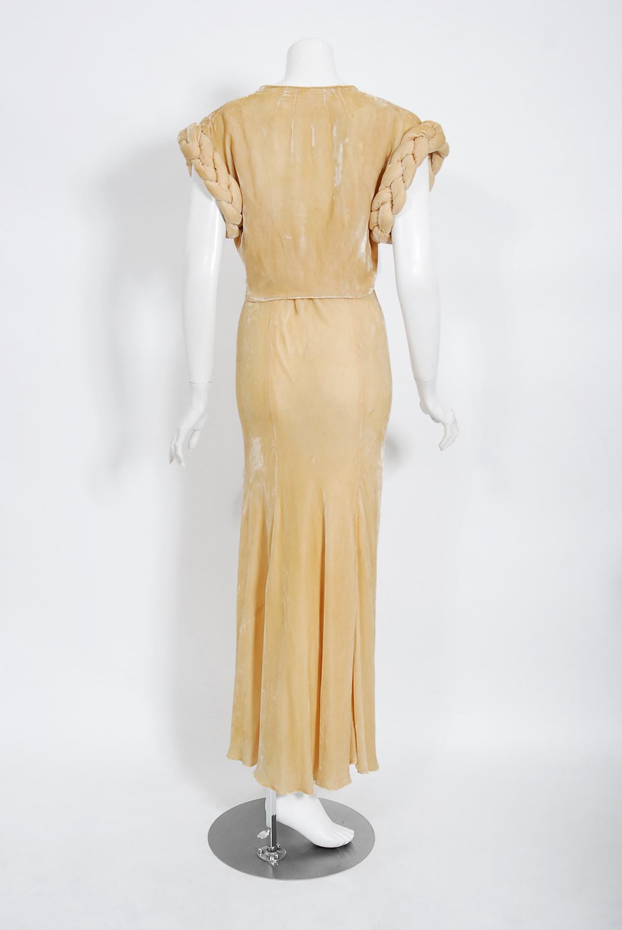 Vintage 1930's Butterscotch Silk Velvet Bias-Cut Gown w/ Braided Bolero Jacket 2
