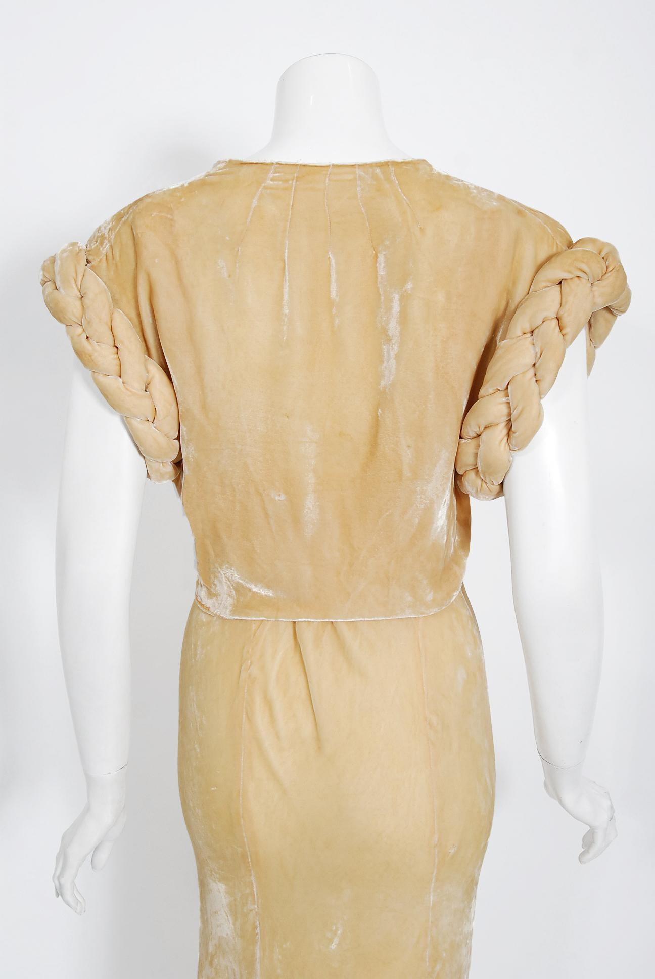 Vintage 1930's Butterscotch Silk Velvet Bias-Cut Gown w/ Braided Bolero Jacket 3