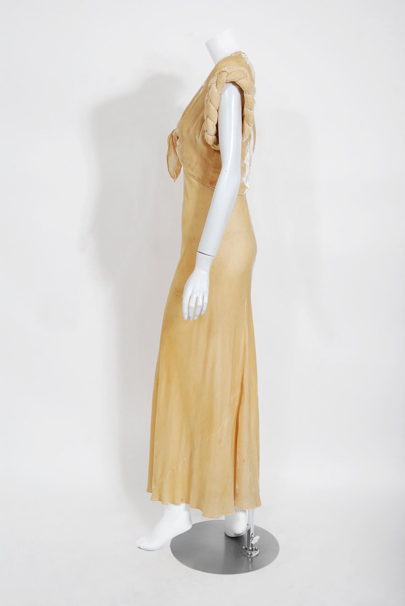 Beige Vintage 1930's Butterscotch Silk Velvet Bias-Cut Gown w/ Braided Bolero Jacket