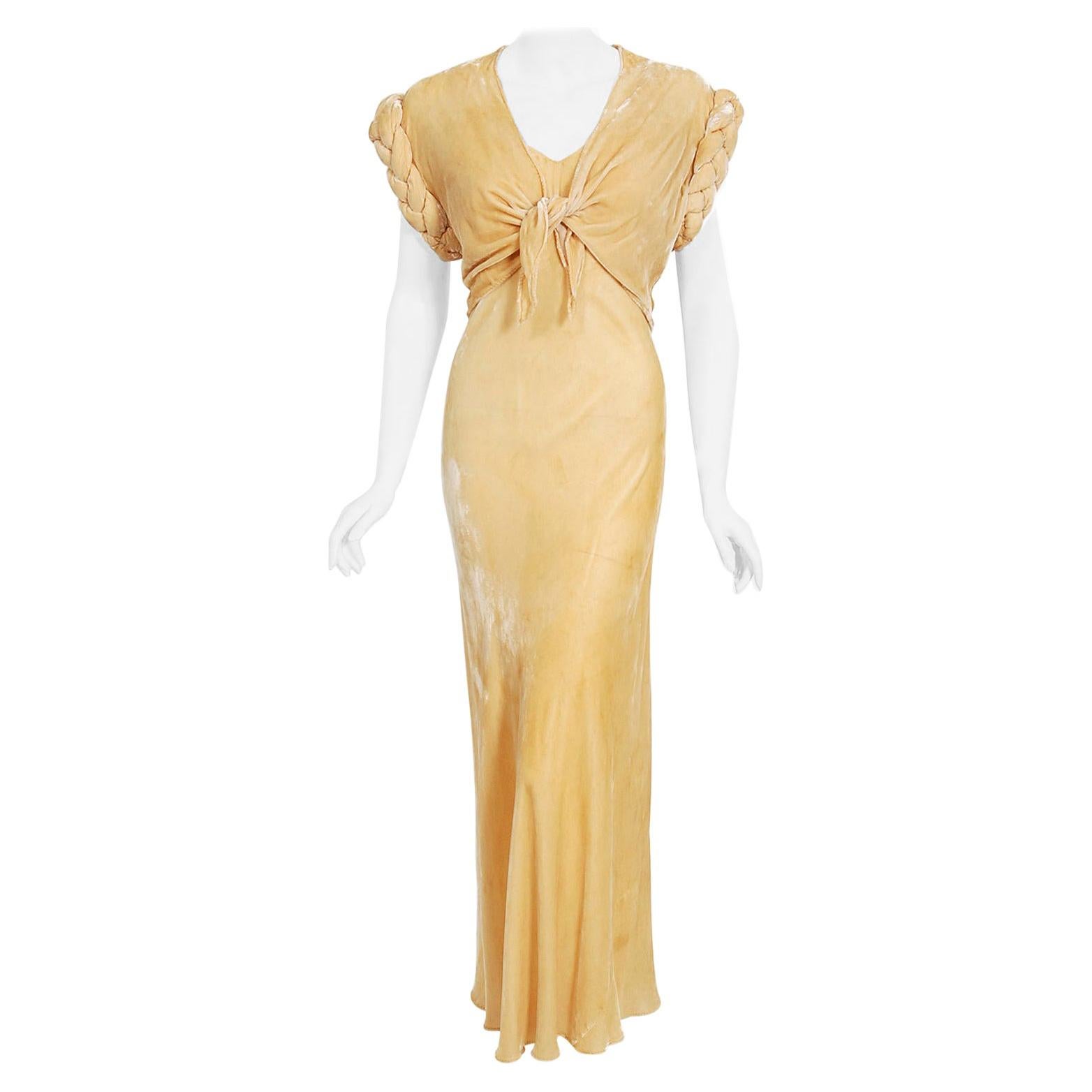 Vintage 1930's Butterscotch Silk Velvet Bias-Cut Gown w/ Braided Bolero Jacket