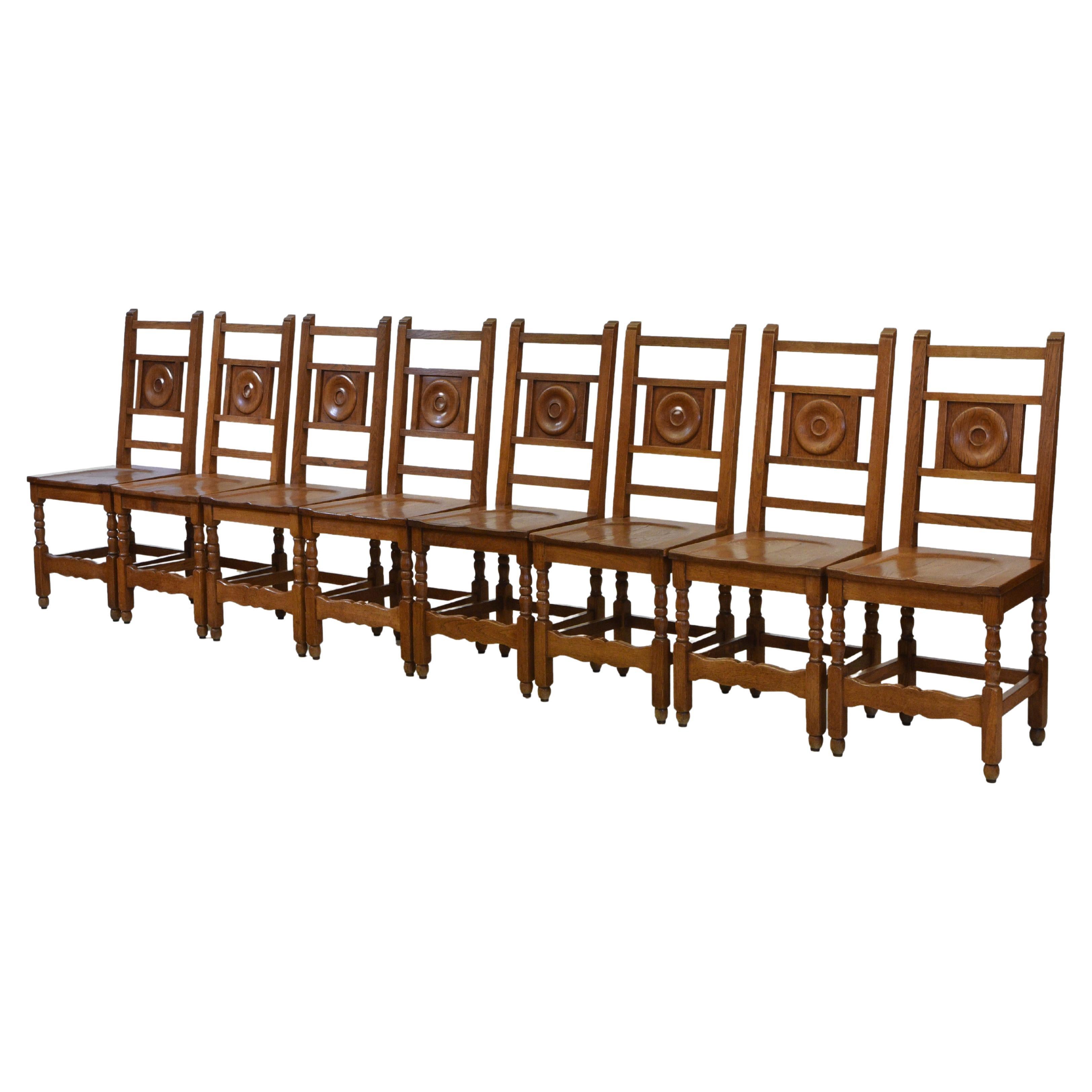 Vintage 1930s Cambridge University Set of 8 Oak Dining Chairs For Sale