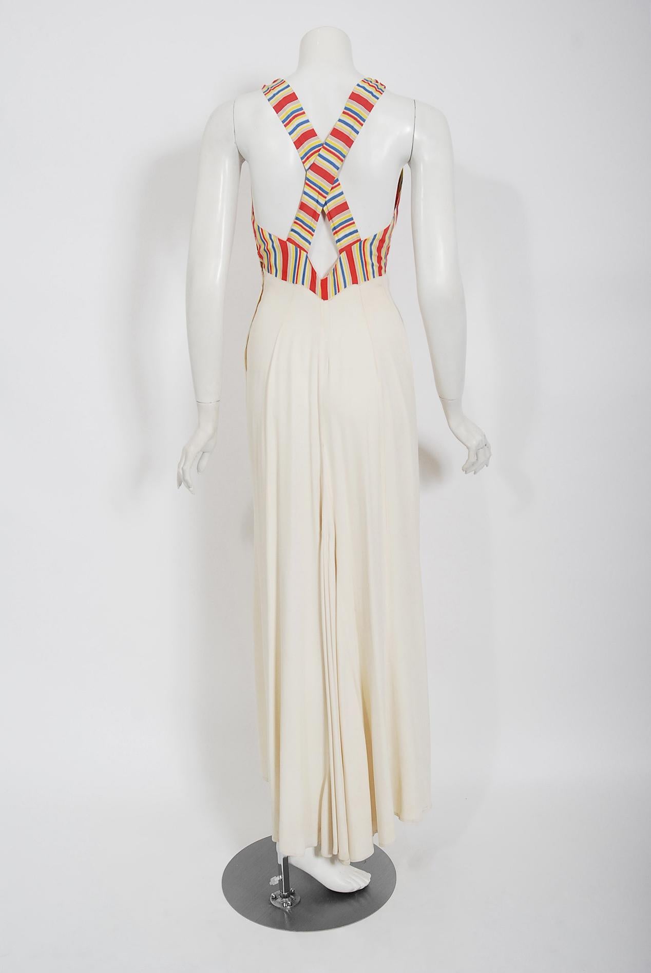 Vintage 1930's Cartwright Ivory Striped Silk Rayon Cut-Out Maxi Dress & Jacket For Sale 3