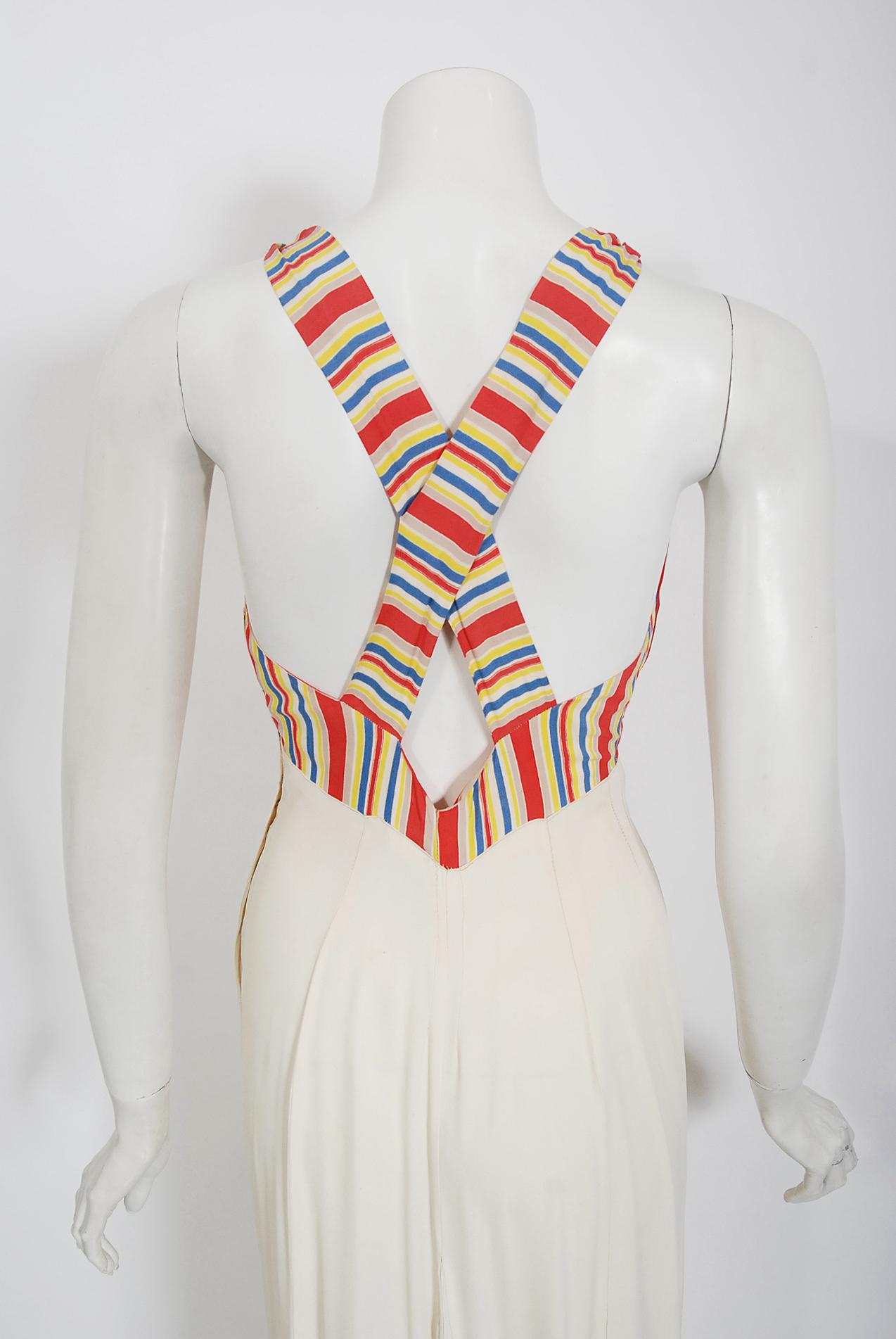 Vintage 1930's Cartwright Ivory Striped Silk Rayon Cut-Out Maxi Dress & Jacket For Sale 4