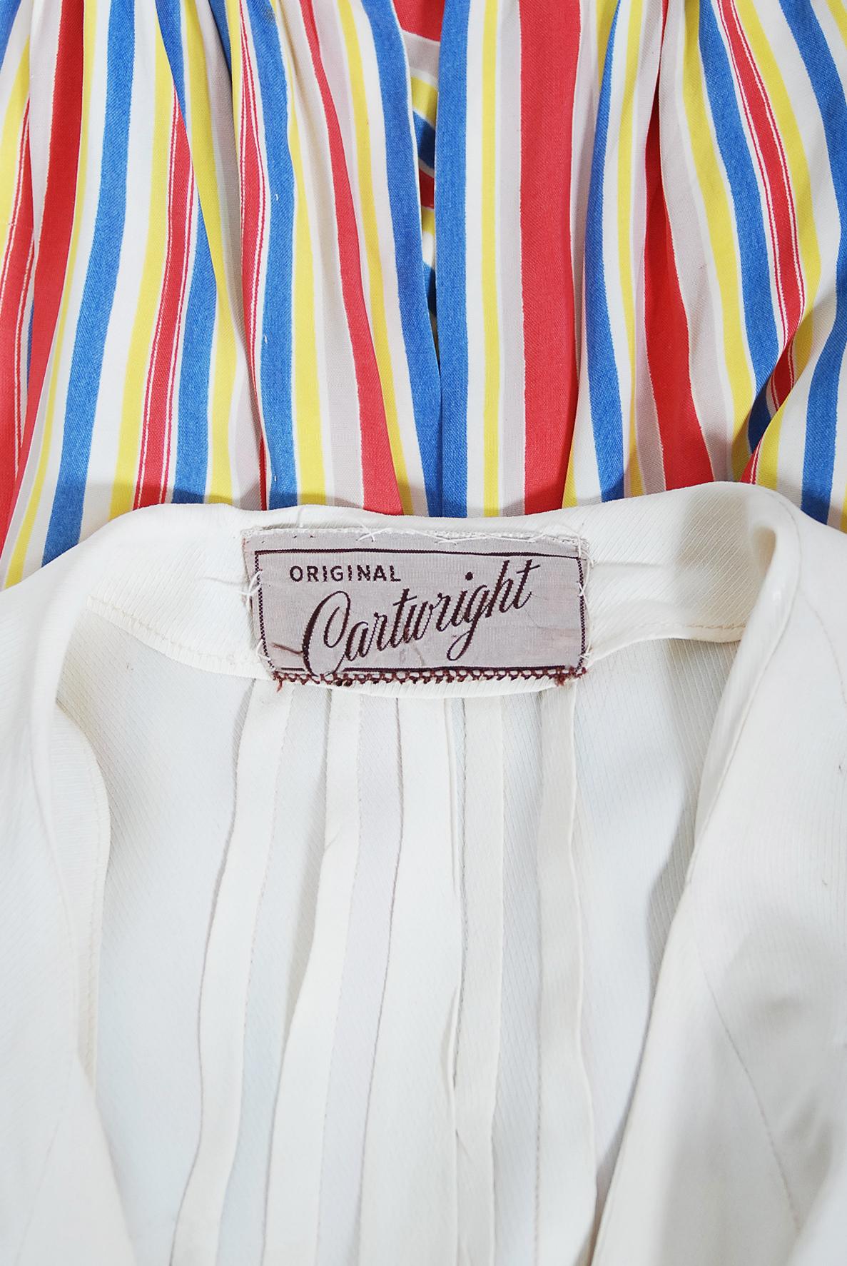 Cartwright - Robe longue en soie et rayonne rayée ivoire avec découpes et veste, vintage, des années 1930 en vente 8