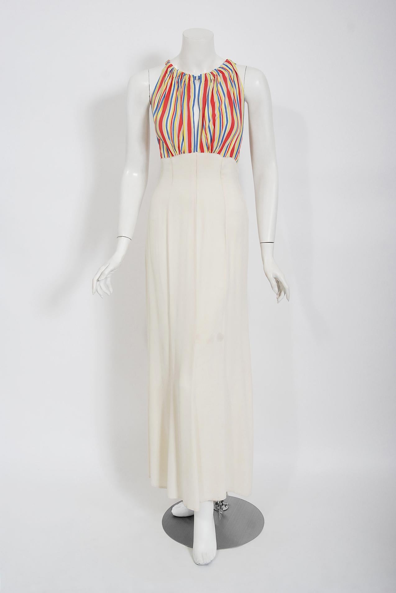 Cartwright - Robe longue en soie et rayonne rayée ivoire avec découpes et veste, vintage, des années 1930 Pour femmes en vente