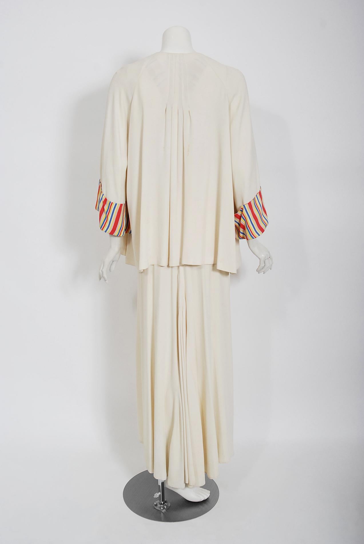 Vintage 1930's Cartwright Ivory Striped Silk Rayon Cut-Out Maxi Dress & Jacket For Sale 1