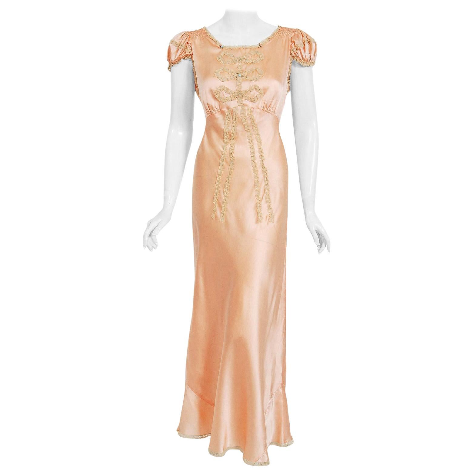 Vintage 1930's Champagne-Pink Silk Lace Puff Sleeve Bias-Cut Slip Night Gown