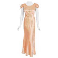 Vintage 1930's Champagne-Pink Silk Lacet Puff Sleeve Bias-Cut Slip Night Gown