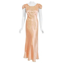 Vintage 1930's Champagne-Pink Silk Lace Puff Sleeve Bias-Cut Slip Night Gown