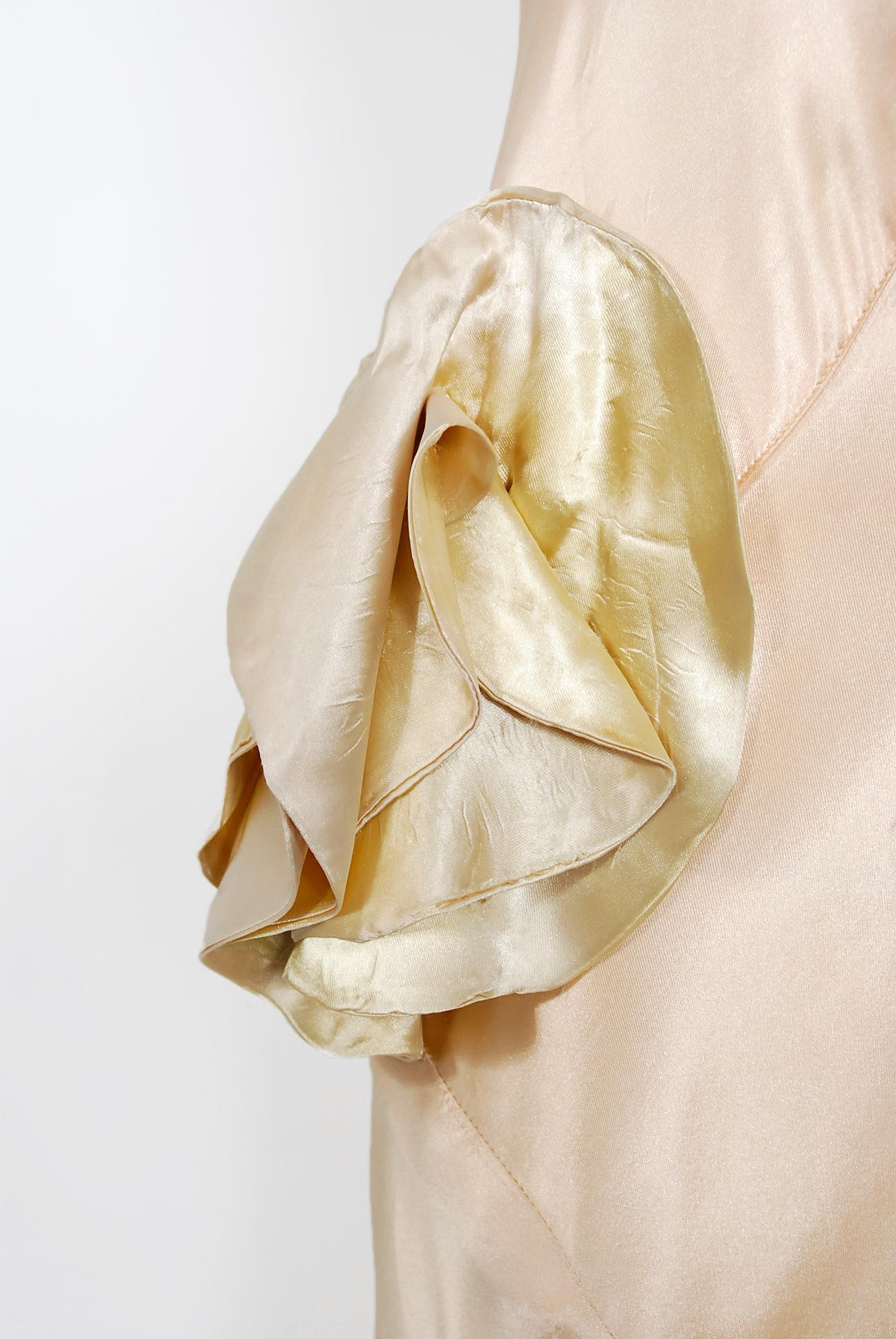 Vintage 1930's Champagner-Rosa Seide Satin Floral Applique Bias-Cut Brautkleid 2