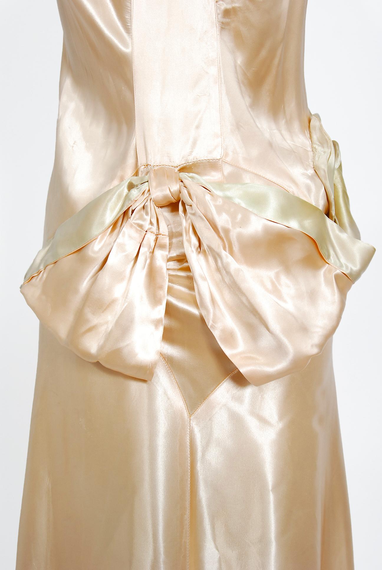 Vintage 1930's Champagne-Pink Silk Satin Floral Applique Bias-Cut Bridal Gown  1