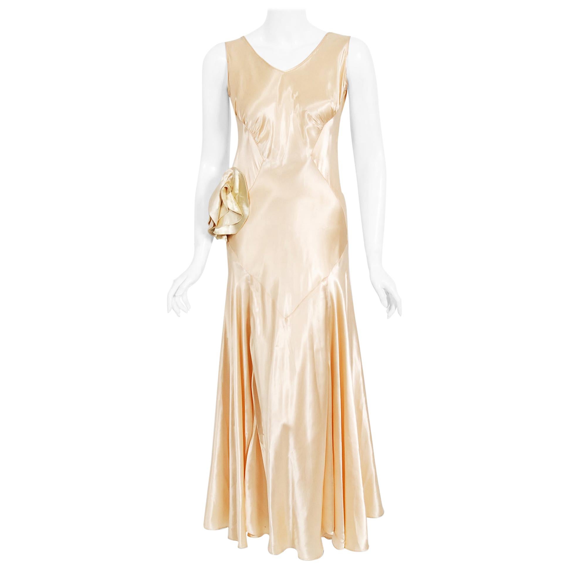 Vintage 1930's Champagne-Pink Silk Satin Floral Applique Bias-Cut Bridal Gown 