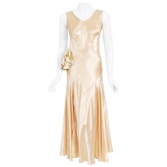 Vintage 1930's Champagne-Pink Silk Satin Floral Applique Bias-Cut Bridal Gown