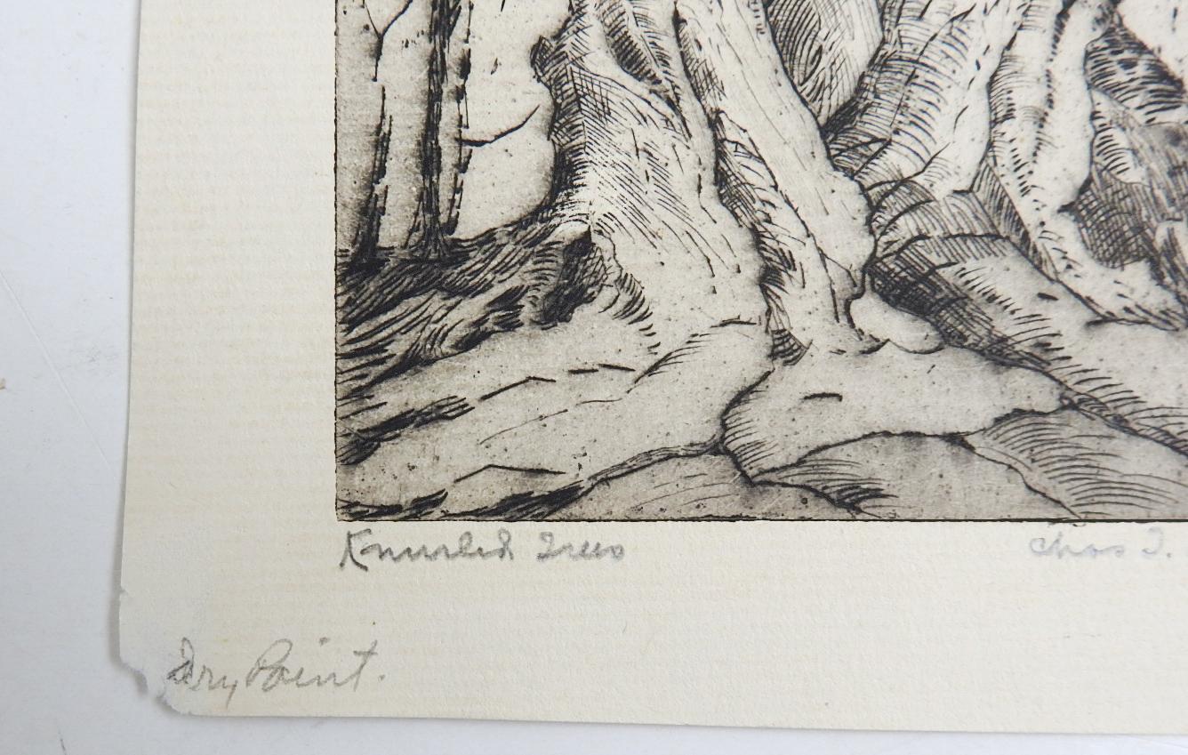 Arts and Crafts Vintage 1930s Charles Bowling Knurled Trees Dry Point Etching For Sale