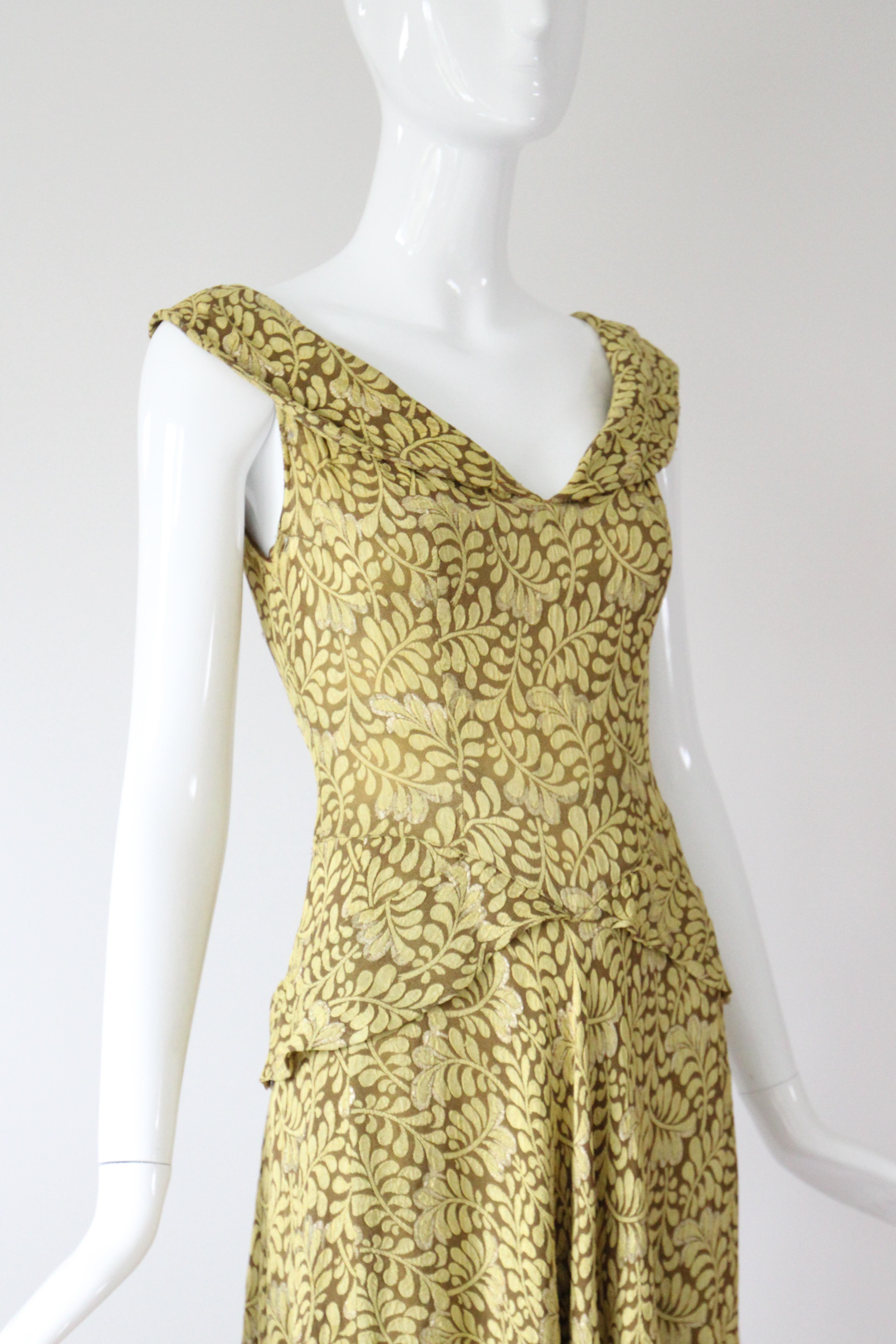 Vintage 1930's Chartreuse Lamé Grün Abendkleid US 2 UK 6 im Angebot 1