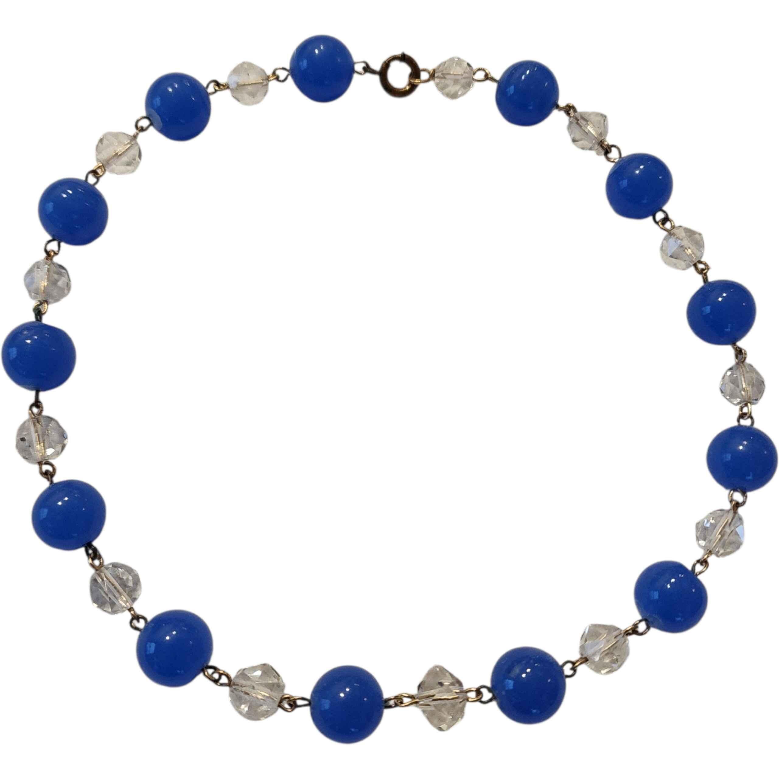 Collar vintage de 1930 de cristal azul cobalto y cristal facetado transparente, Art Decó Cuenta en venta