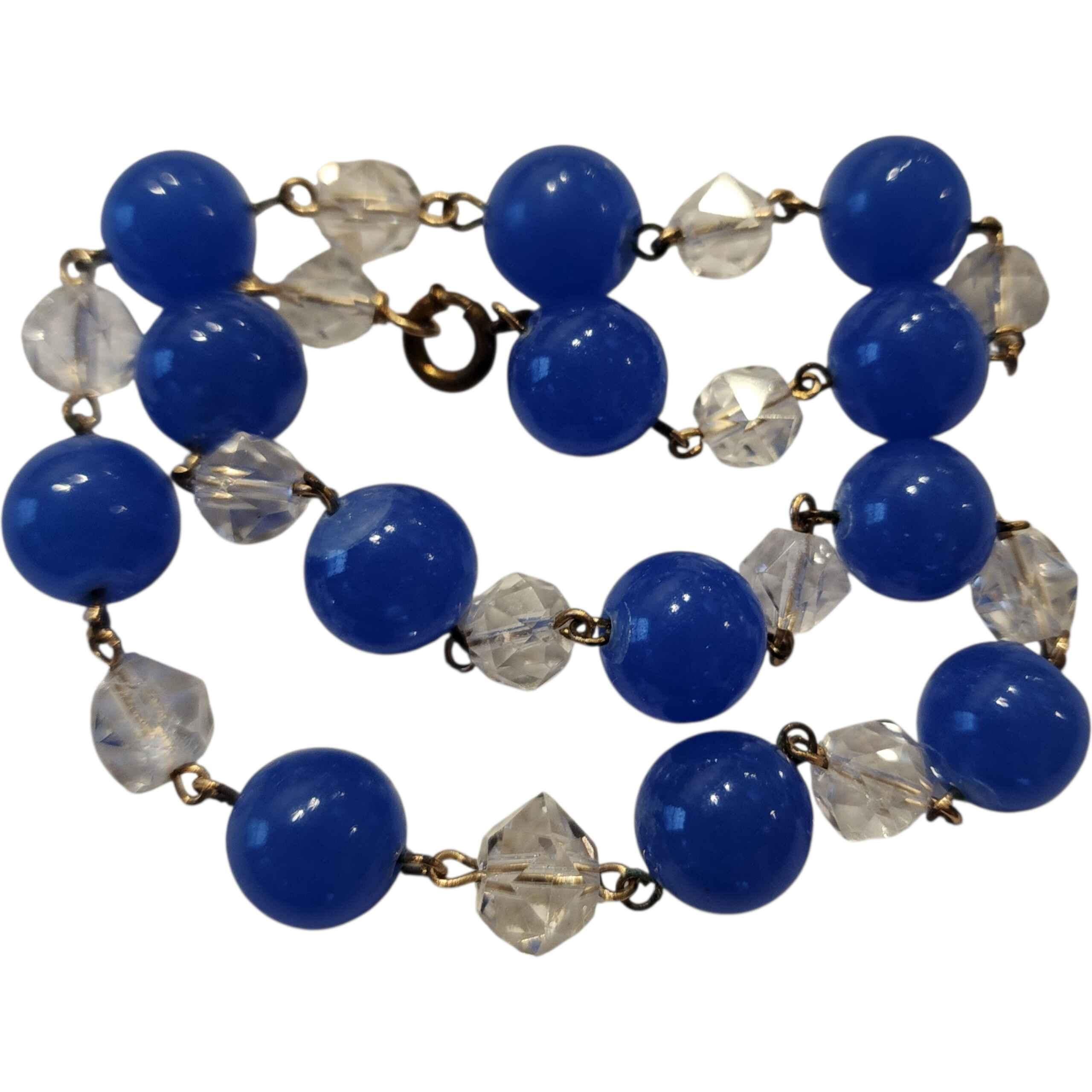 Collar vintage de 1930 de cristal azul cobalto y cristal facetado transparente, Art Decó en Bueno estado para la venta en Milford, DE