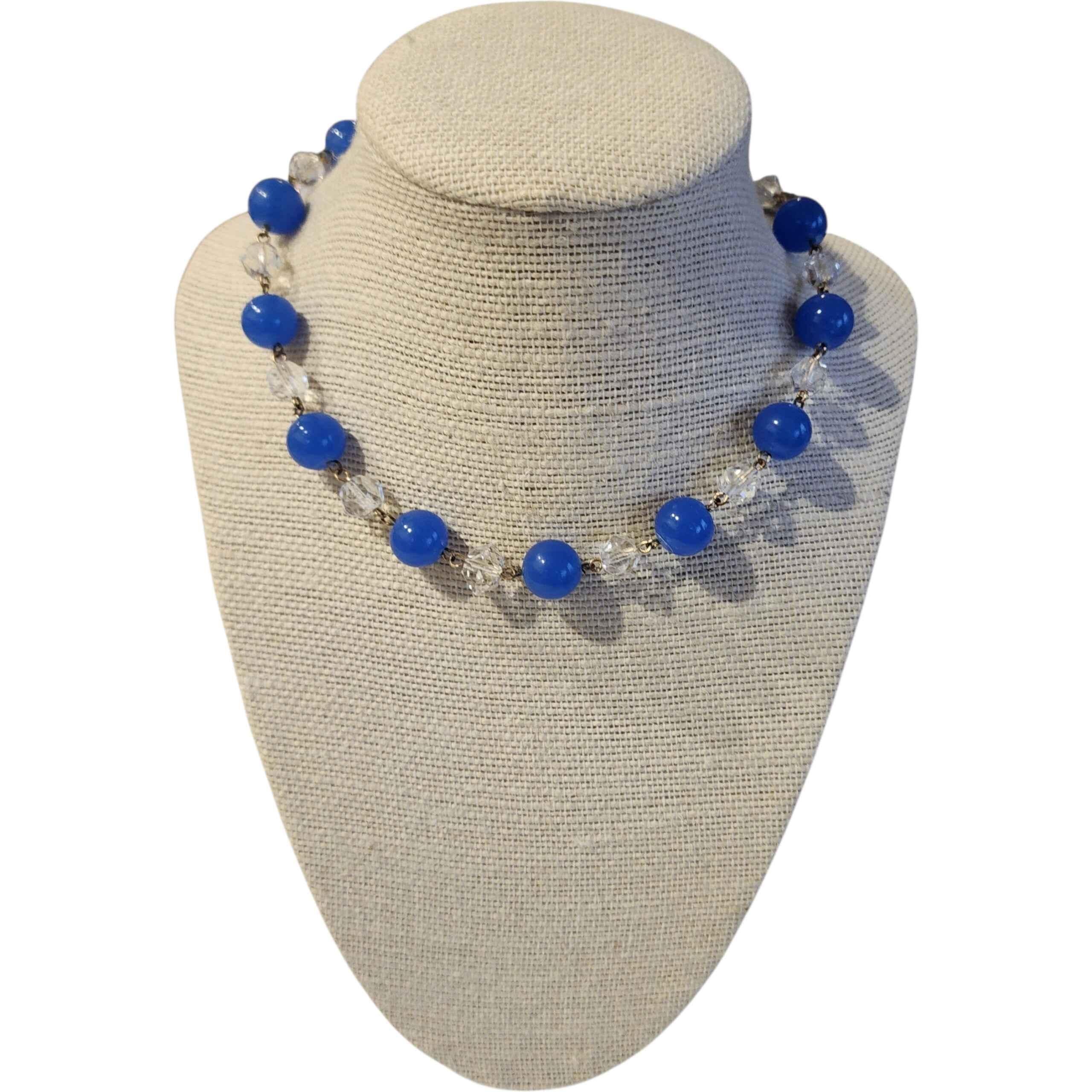 Femenino o masculino Collar vintage de 1930 de cristal azul cobalto y cristal facetado transparente, Art Decó en venta