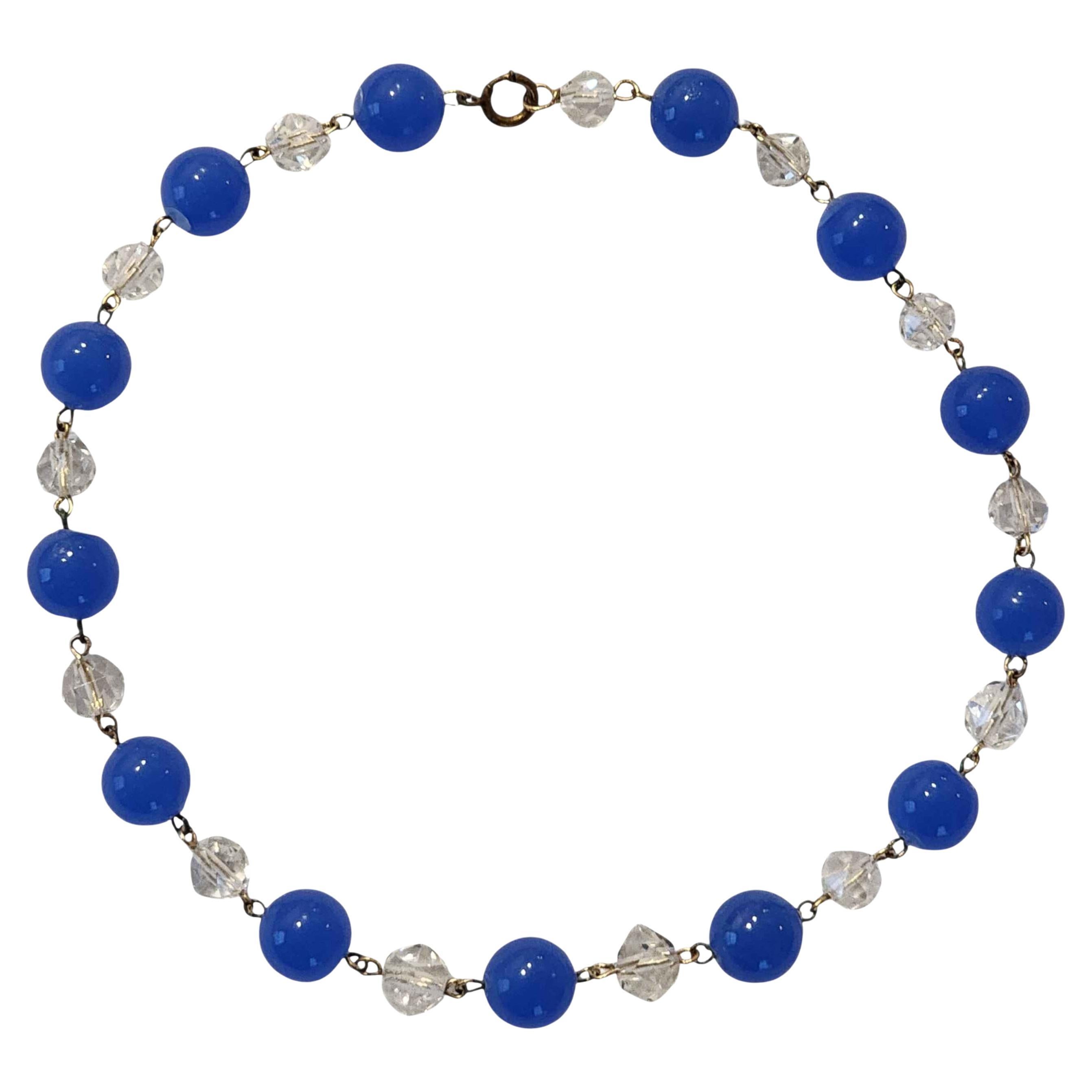 Vintage 1930s Cobalt Blue Glass 
Clear Faceted Crystal Bead Necklace, Art Deco