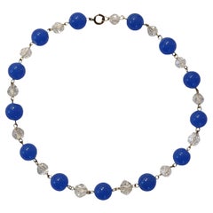 Vintage 1930s Cobalt Blue Glass 
Clear Faceted Crystal Bead Necklace, Art Deco