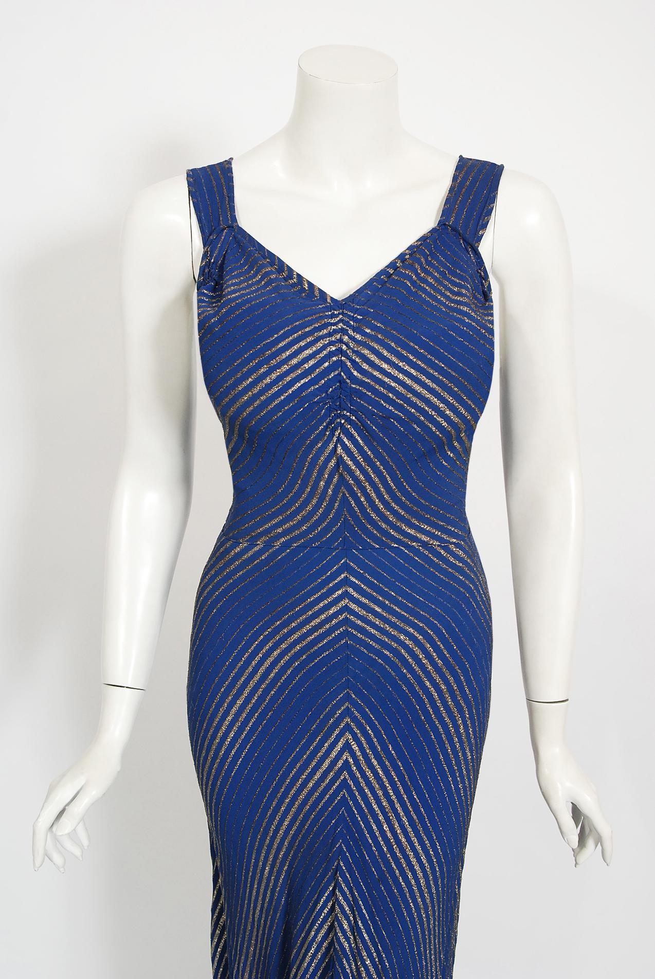 A luxurious cobalt-blue shimmer lamé evening dress from the 
