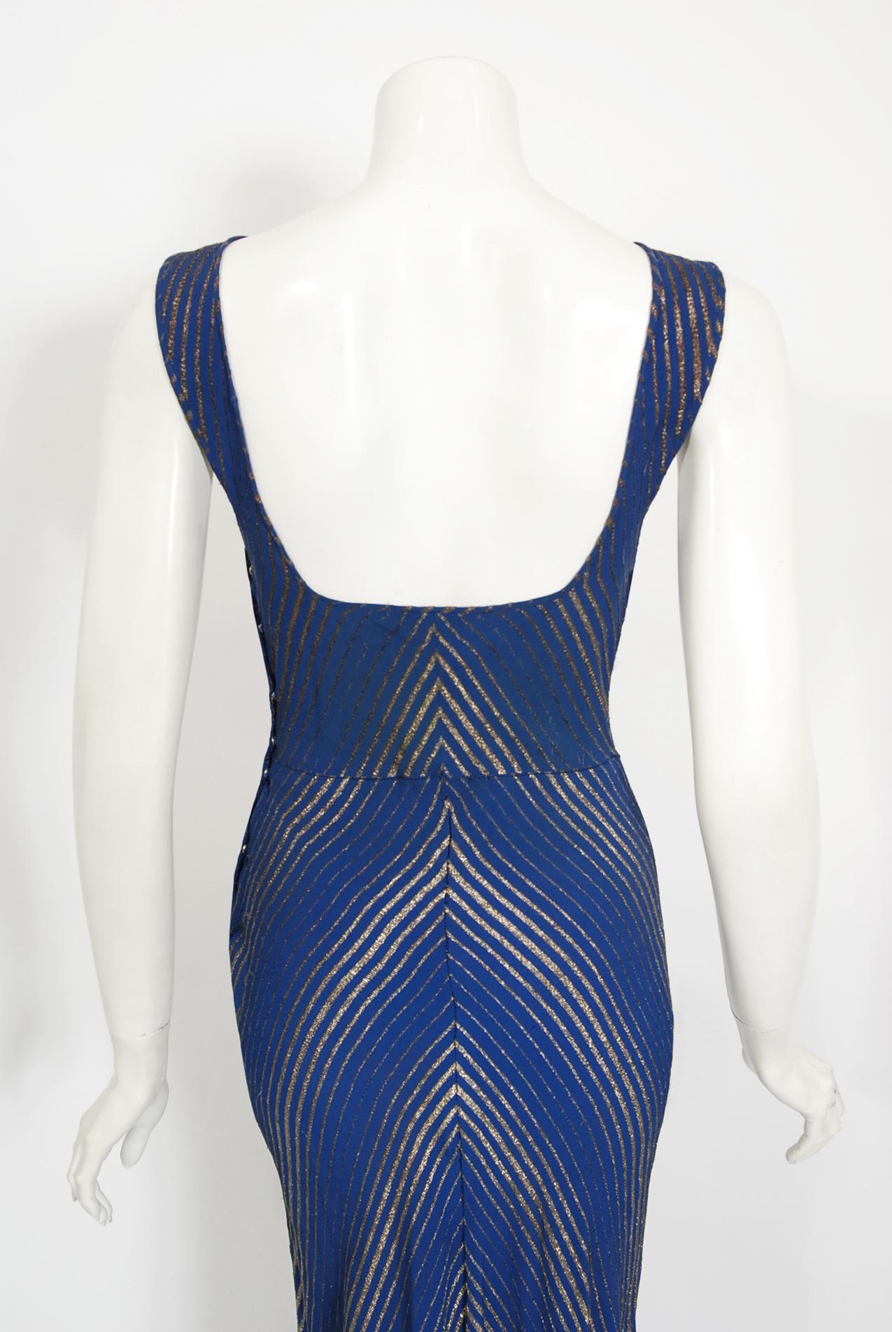 Vintage 1930's Cobalt Blue Stripe Metallic Lamé Silk Bias-Cut Hourglass Gown  In Good Condition In Beverly Hills, CA