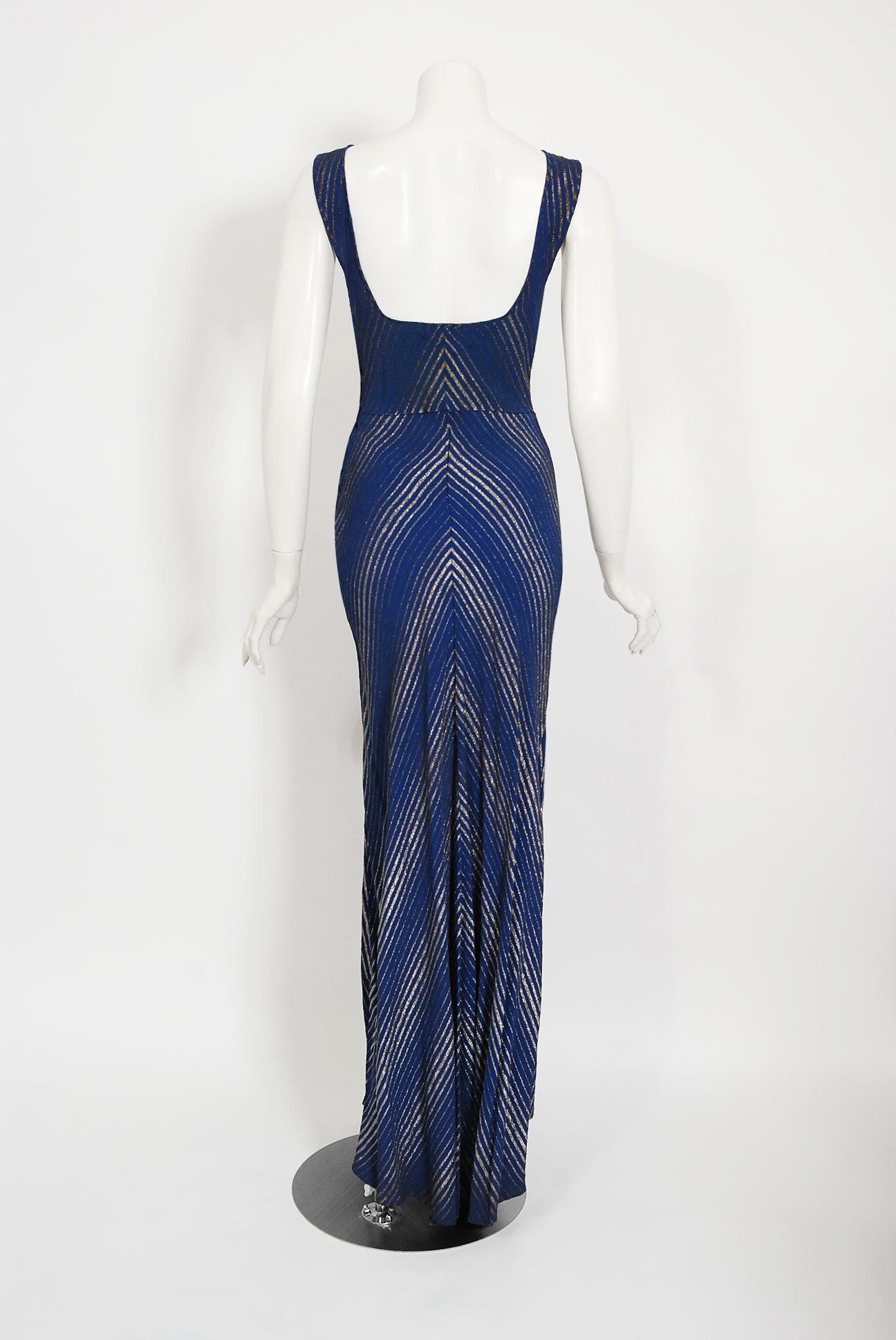 Women's or Men's Vintage 1930's Cobalt Blue Stripe Metallic Lamé Silk Bias-Cut Hourglass Gown