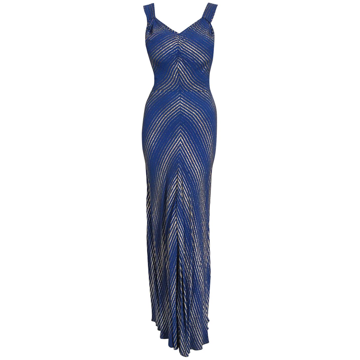 Vintage 1930's Cobalt Blue Stripe Metallic Lamé Silk Bias-Cut Hourglass Gown 