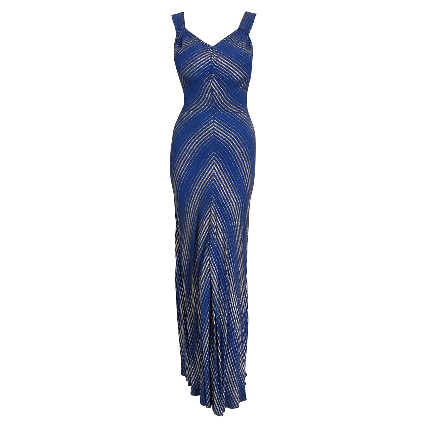 Vintage 1930
s Cobalt Blue Stripe Metallic Lamé Silk Bias-Cut Hourglass Gown