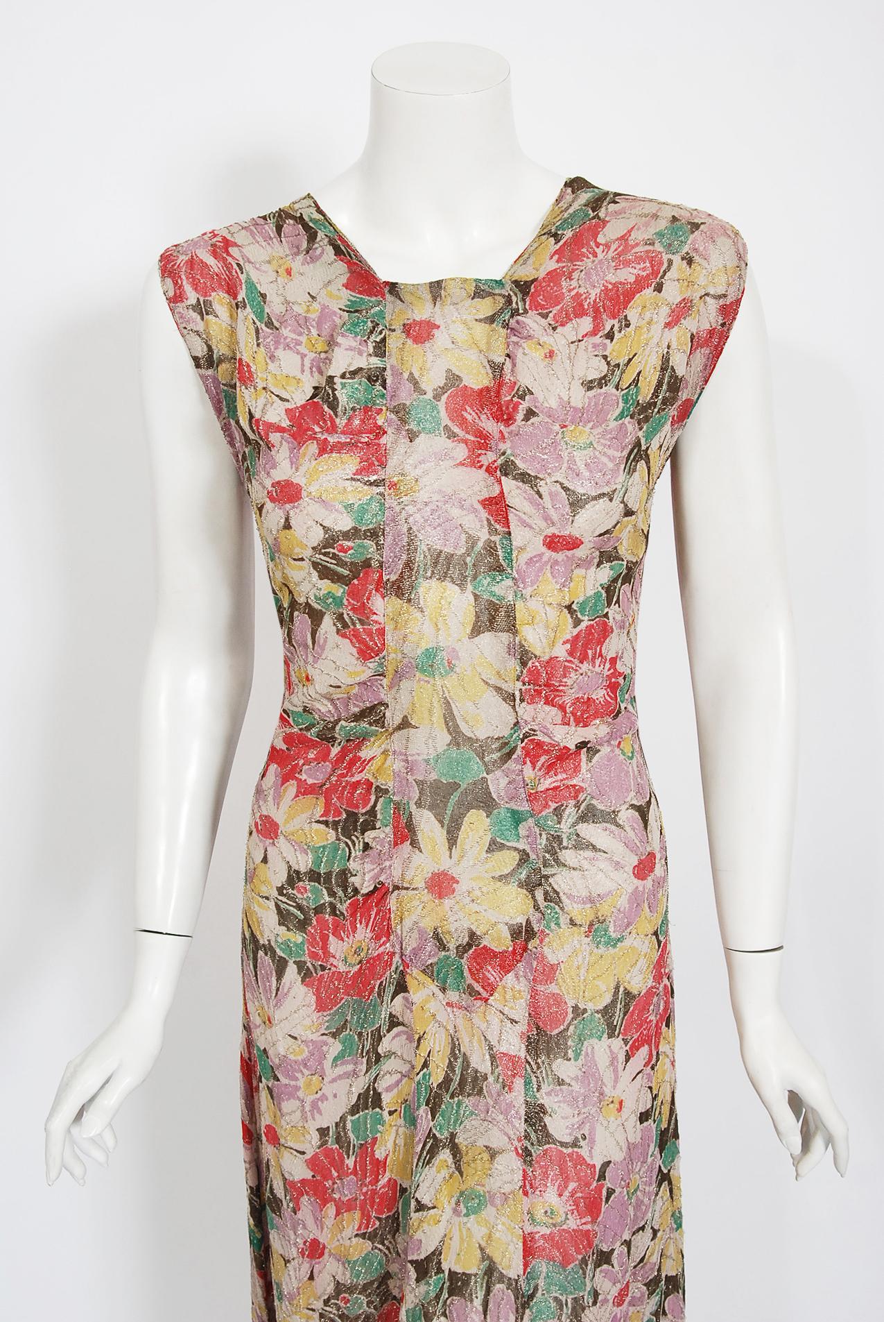 A luxurious, floral print shimmer lamé dress from the 