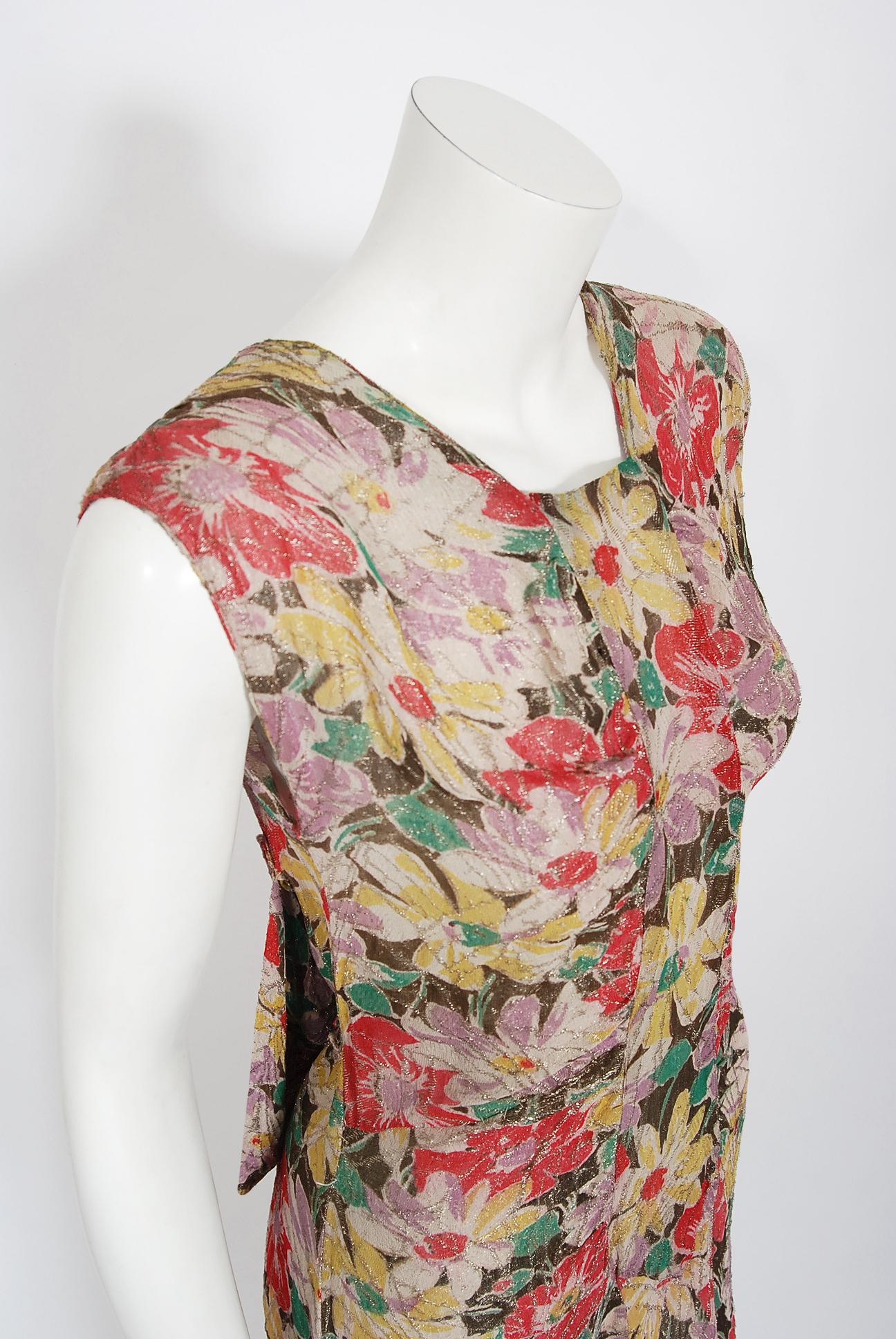 Brown Vintage 1930's Colorful Floral Print Lamé Sleeveless Bias-Cut Back Bow Dress