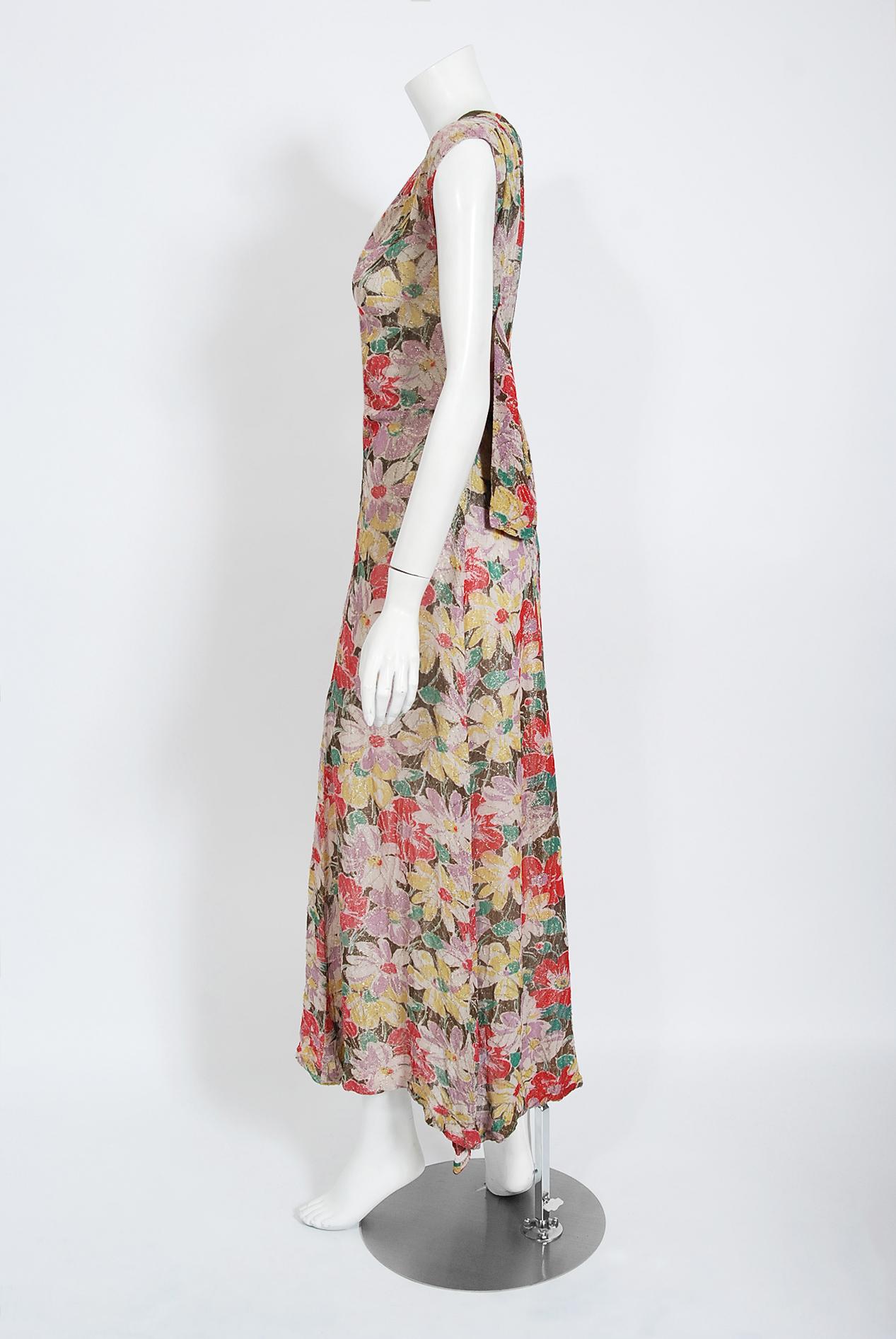 Vintage 1930's Colorful Floral Print Lamé Sleeveless Bias-Cut Back Bow Dress In Good Condition In Beverly Hills, CA