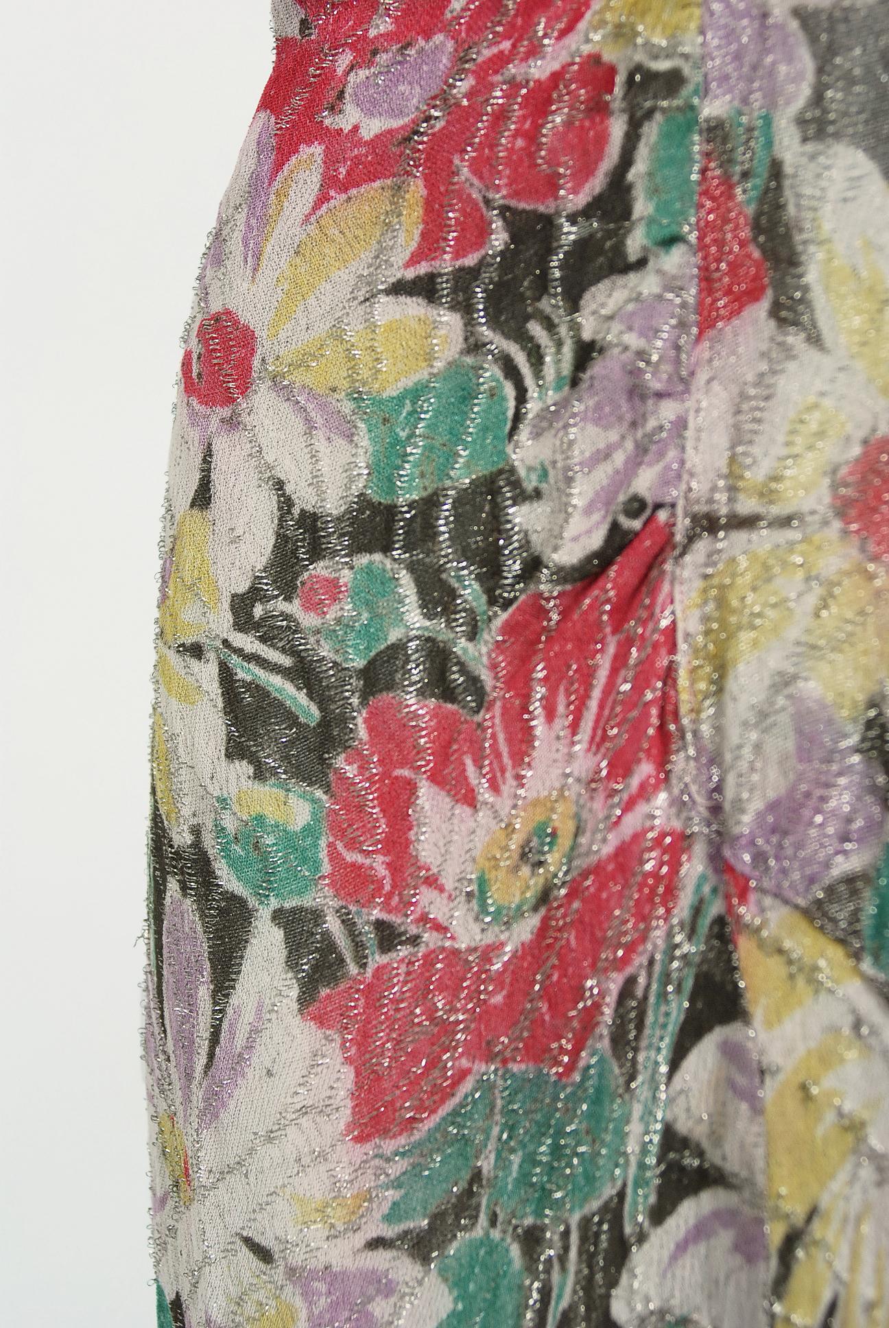 Women's Vintage 1930's Colorful Floral Print Lamé Sleeveless Bias-Cut Back Bow Dress