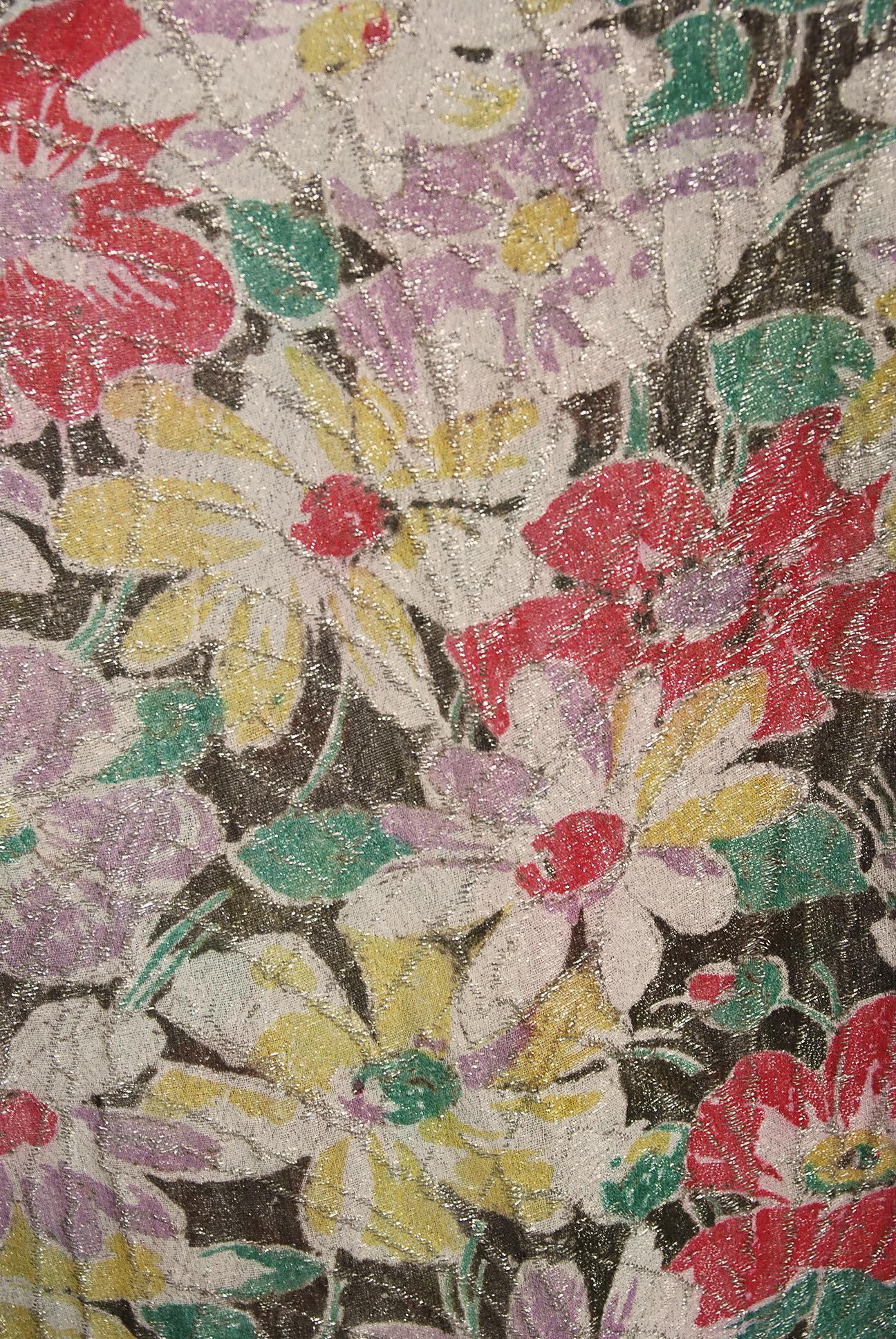 Vintage 1930's Colorful Floral Print Lamé Sleeveless Bias-Cut Back Bow Dress 1